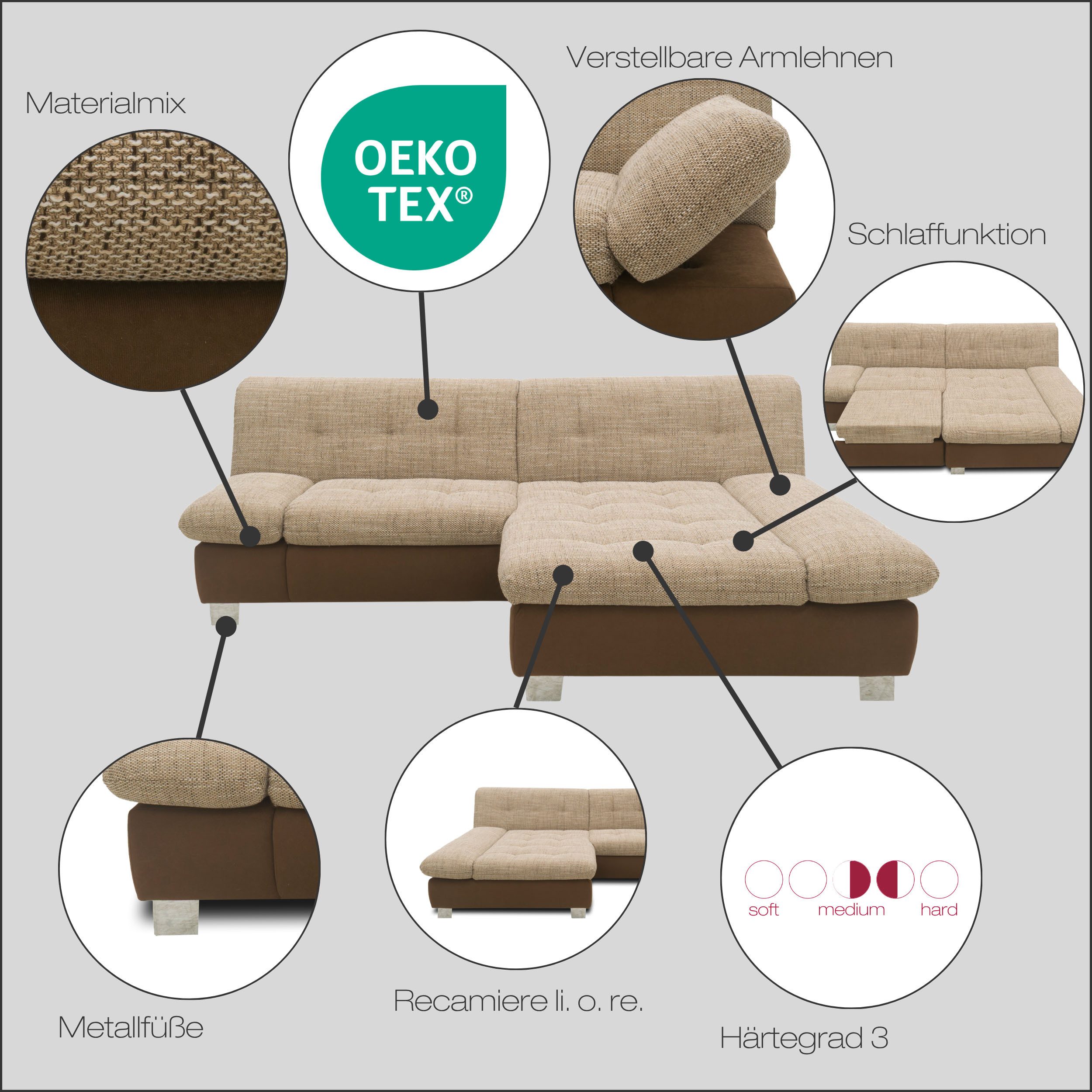 DOMO collection Ecksofa 100031 kompakte Stellmaße, komfortabel und bequem, L-Form, wahlweise mit Bettfunktion und Armteilverstellung. Breite 234 cm