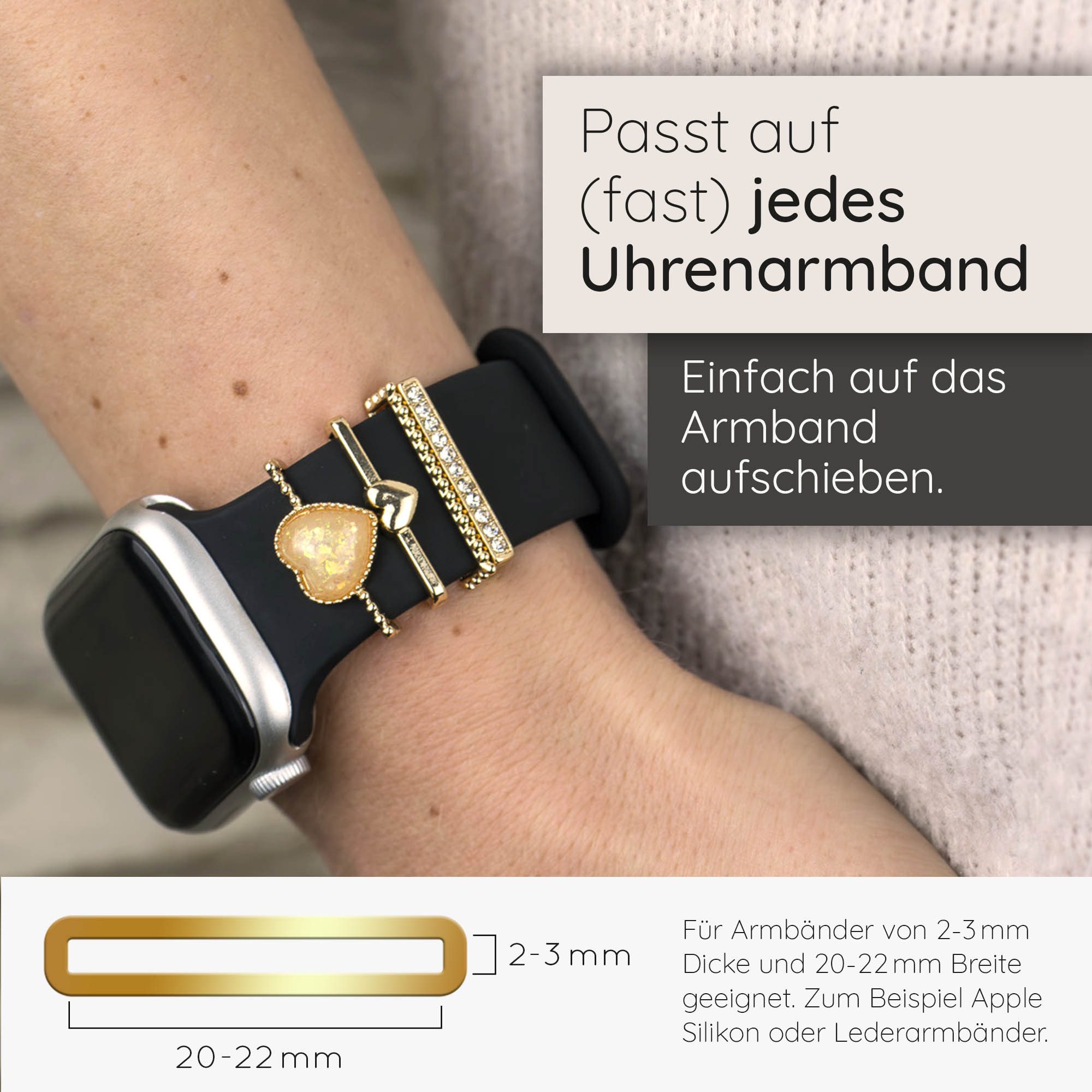 EAZY CASE Smartwatch-Armband Apple Watch Charms Set 38/40/41mm & 42/44/45/49mm, Uhrenarmband Charms Herzstein Glitzer Gold – Bild 4 von 5
