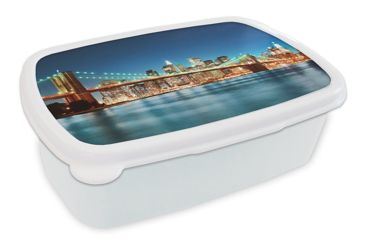 Kunststoff, - Brooklyn Brücke Erwachsene, und Brotdose, Architektur - Licht, Lunchbox für für (2-tlg), Mädchen New Jungs weiß - MuchoWow Kinder Brotbox York - und