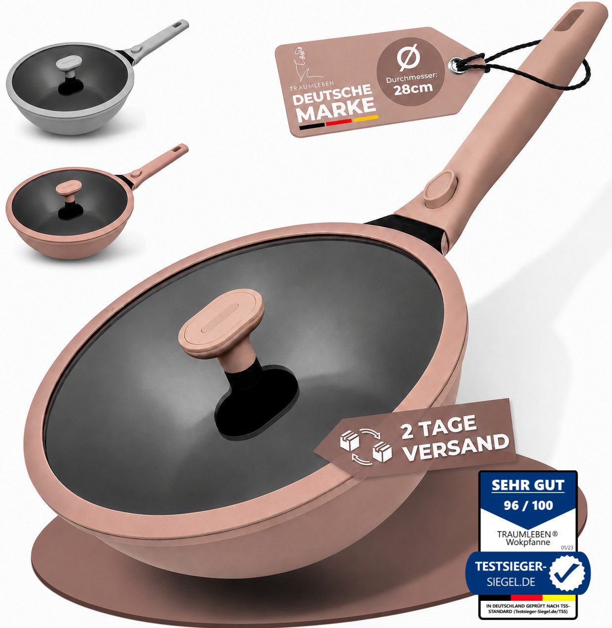 TRAUMLEBEN Wok 28 cm Wokpfanne mit Deckel, abnehmbarer Griff, Antihaftbeschichtung, aus Aluminium, für Induktion geeignet, backofenfest, hoher Rand