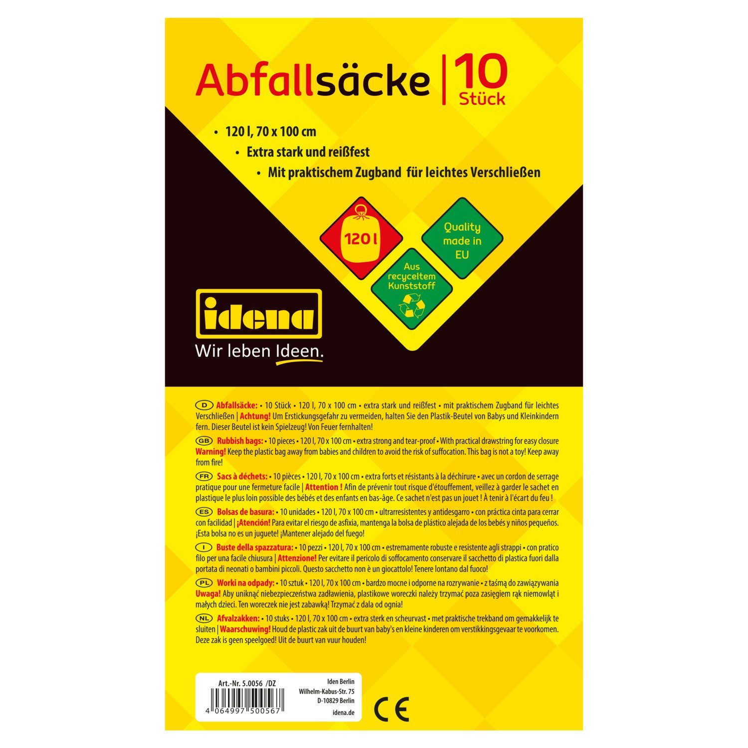 Idena Müllbeutel Idena 50056 - Abfallsäcke, blau, 1 Rolle mit 10 Stück, 120 Liter, 40µ
