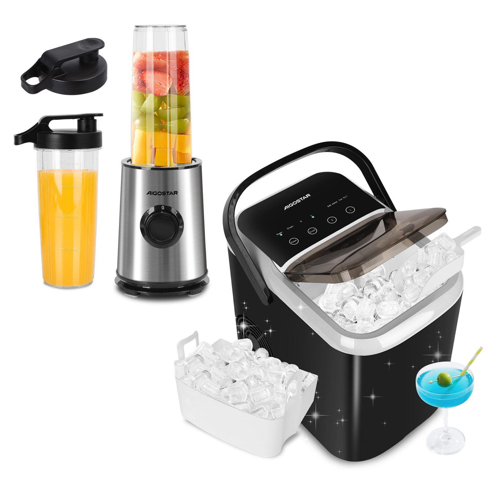 Aigostar Smoothie-Maker Mini Standmixer, 600W, Ice-Crush-Funktion, 2 x 800ml Becher, BPA-frei, 600 W, 2 Geschwindigkeitsstufen + Impulsfunktion, Tritan-Kunststoff Flasche
