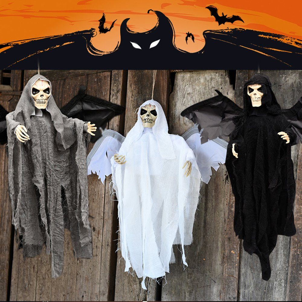 GelldG Hängedekoration Halloween Dekoration Hängend schwarz Sound Skelett mit Licht mit Geist