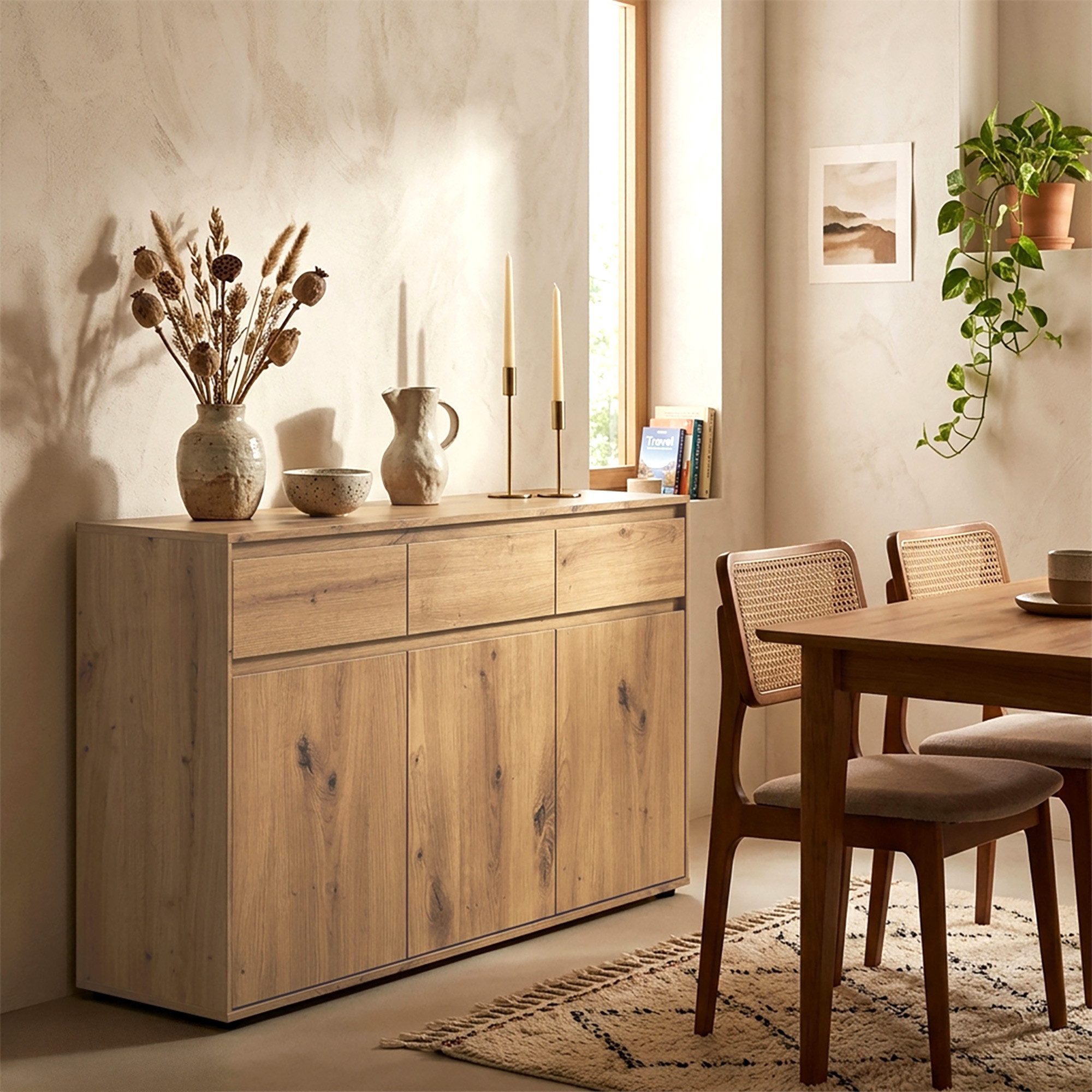 Lomadox Sideboard ZOLLINO-129, in Eiche, 137 cm breit mit 3 Türen & 3 Schubladen