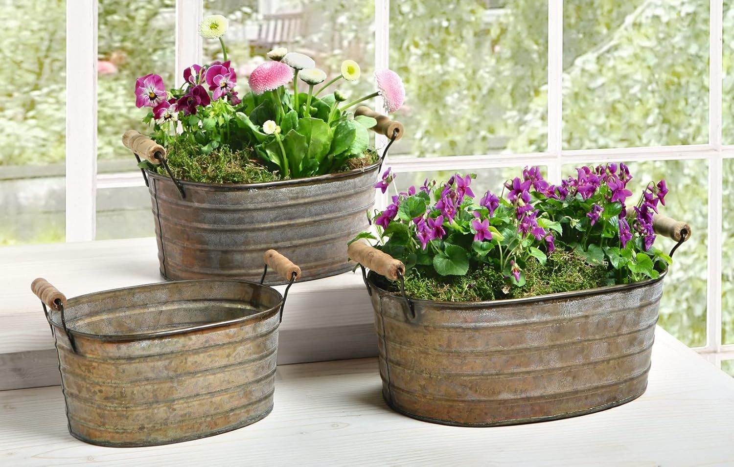 Dekoleidenschaft Pflanzkübel Metallwannen im Antik-Design mit Holzgriffen, Blumenkübel Pflanzkasten (3 St., im Set), Blumenkasten, Pflanzkübel, Metall Pflanzgefäß, Gartendeko für Draußen