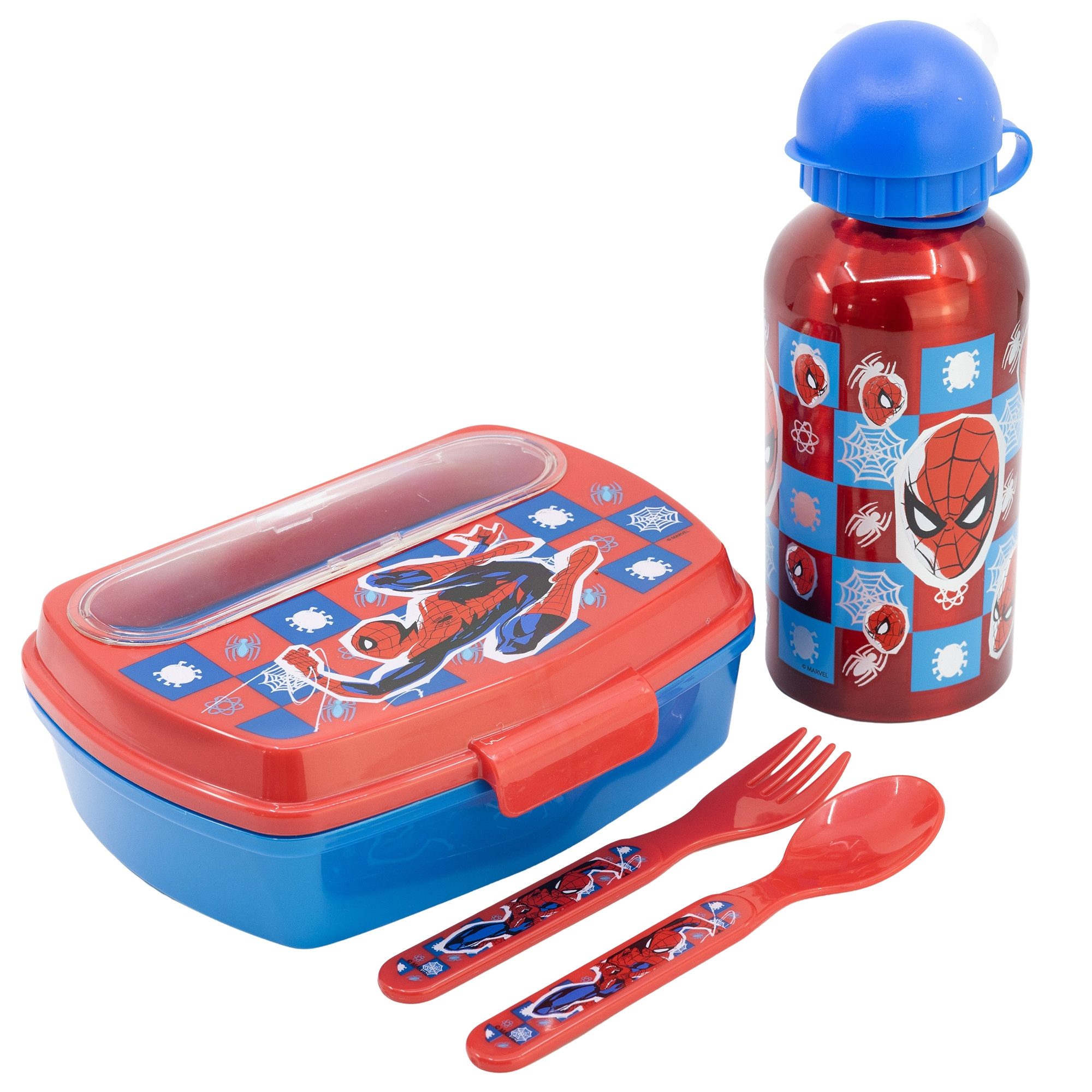 MARVEL Lunchbox Marvel Spiderman 4 tlg Kinder Lunch Set, Kunstsoff Aluminium, (4-tlg), Brotdose Alu-Trinkflasche Besteck