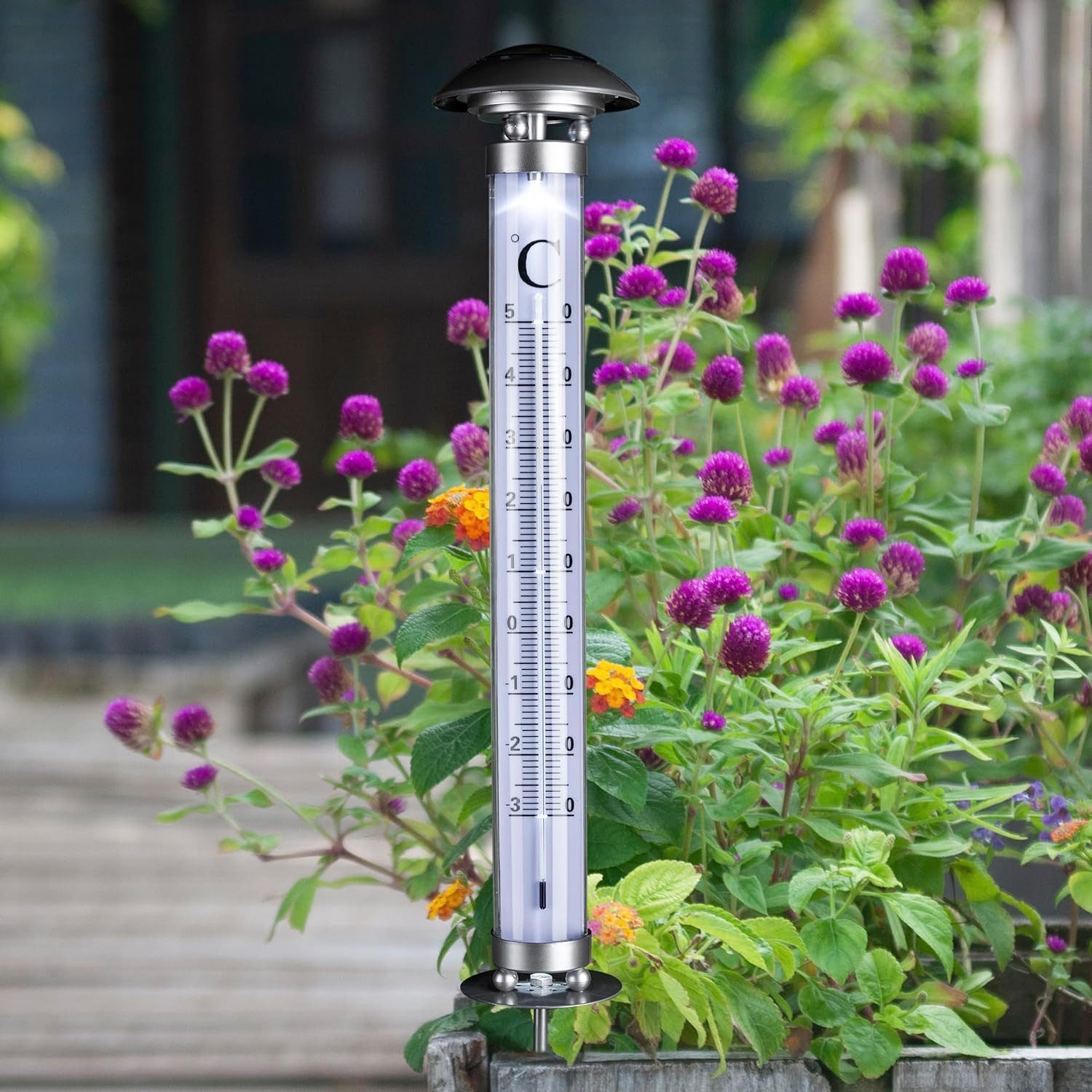 mucHome Gartenthermometer XXL Thermometer Solar Beleuchtung Außenthermometer Erdspieß 112 cm