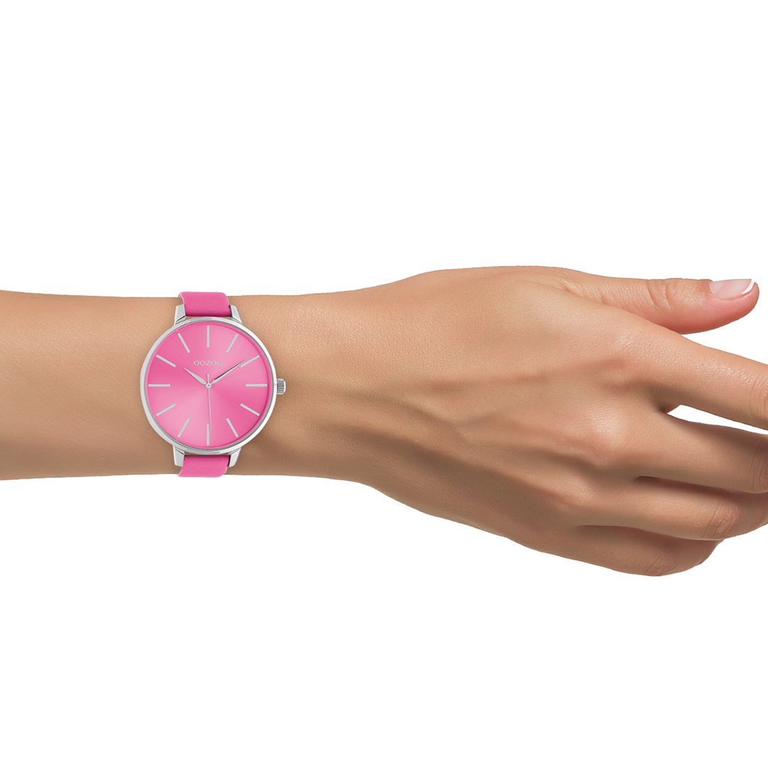 OOZOO Quarzuhr XL Damenuhr C10984 Zifferbatt Glänzend Lederband Pink 48 mm günstig online kaufen