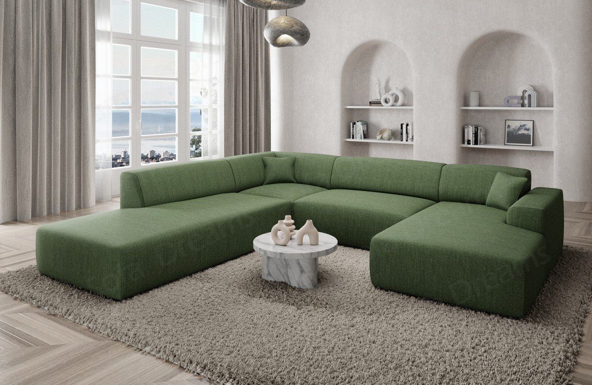 Sofa Dreams Wohnlandschaft Designer Strukturstoff Sofa Mallorca U Lounge Stoffsofa Modern, U-Form Loungesofa grün39