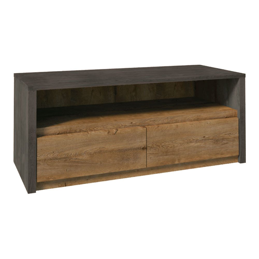 Feldmann-Wohnen Lowboard Montana (1 offenes Ablagefach, 2 Vollauszugschubladen, 1 St., moderne Holzoptik, Griffmulden), 130x53x53cm Eiche Lefkas / Grau