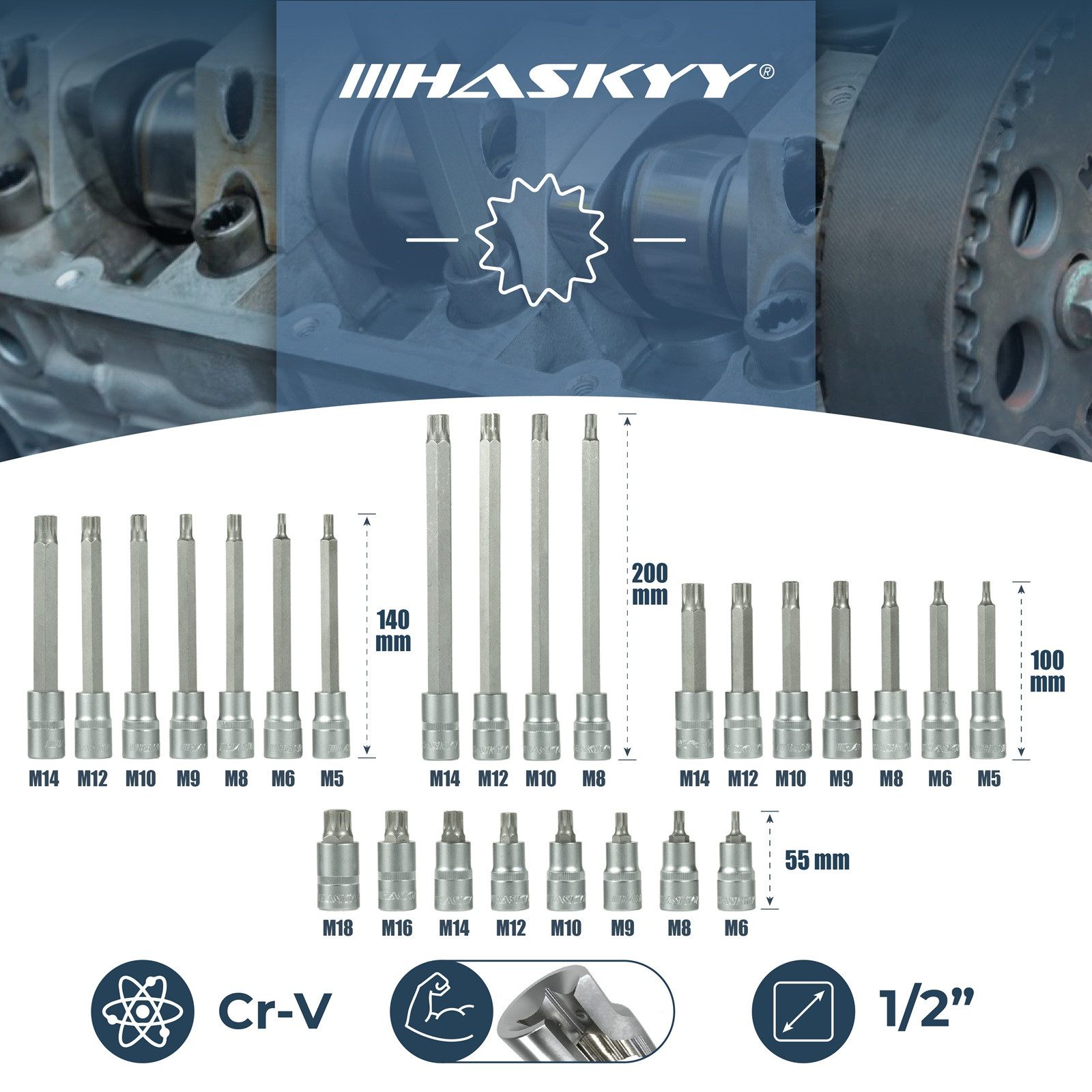 HASKYY Bit- und Steckschlüsselset XZN Innenvielzahn Steckschlüssel Set 26-tlg lang kurz – Bild 4 von 5