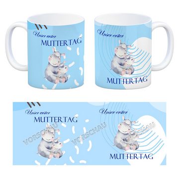 speecheese Tasse Nilpferd Kaffeebecher zu ersten Muttertag mit Mama und Baby in blau