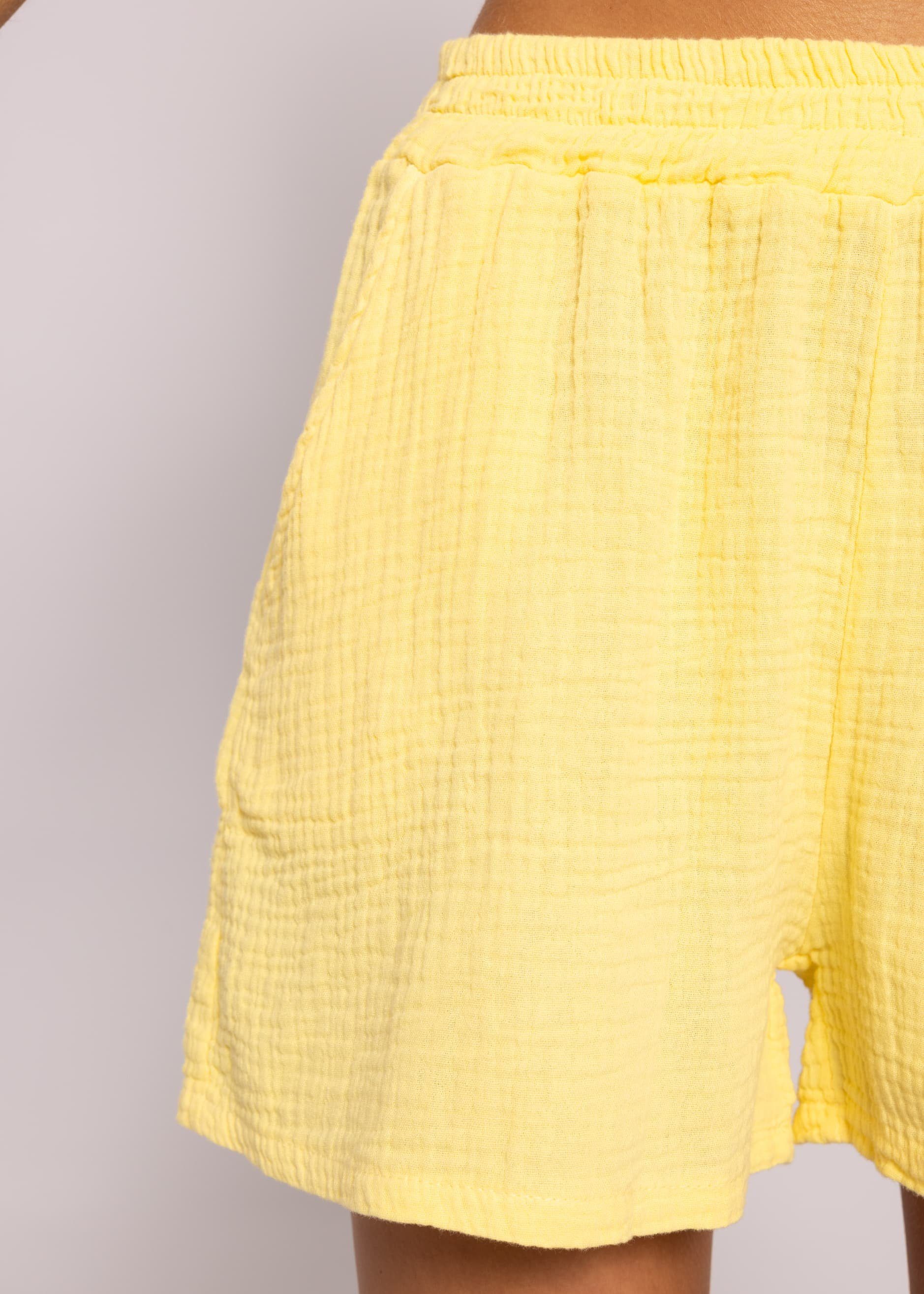 Made Sommer Gelb 100 Hose Musselin leicht, Damen Kurz Shorts Baumwolle SASSYCLASSY Italy atmungsaktiv, % sehr (Musselin), in