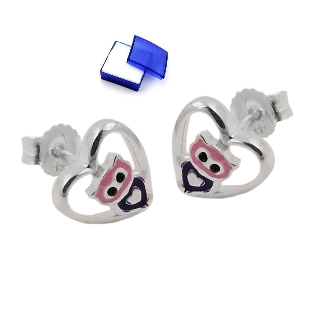 unbespielt Paar Ohrstecker Kinderohrringe Stecker kleine Eule im Herz lila pink glänzend 925 Silber 8 mm inklusive Schmuckbox, Silberschmuck für Kinder