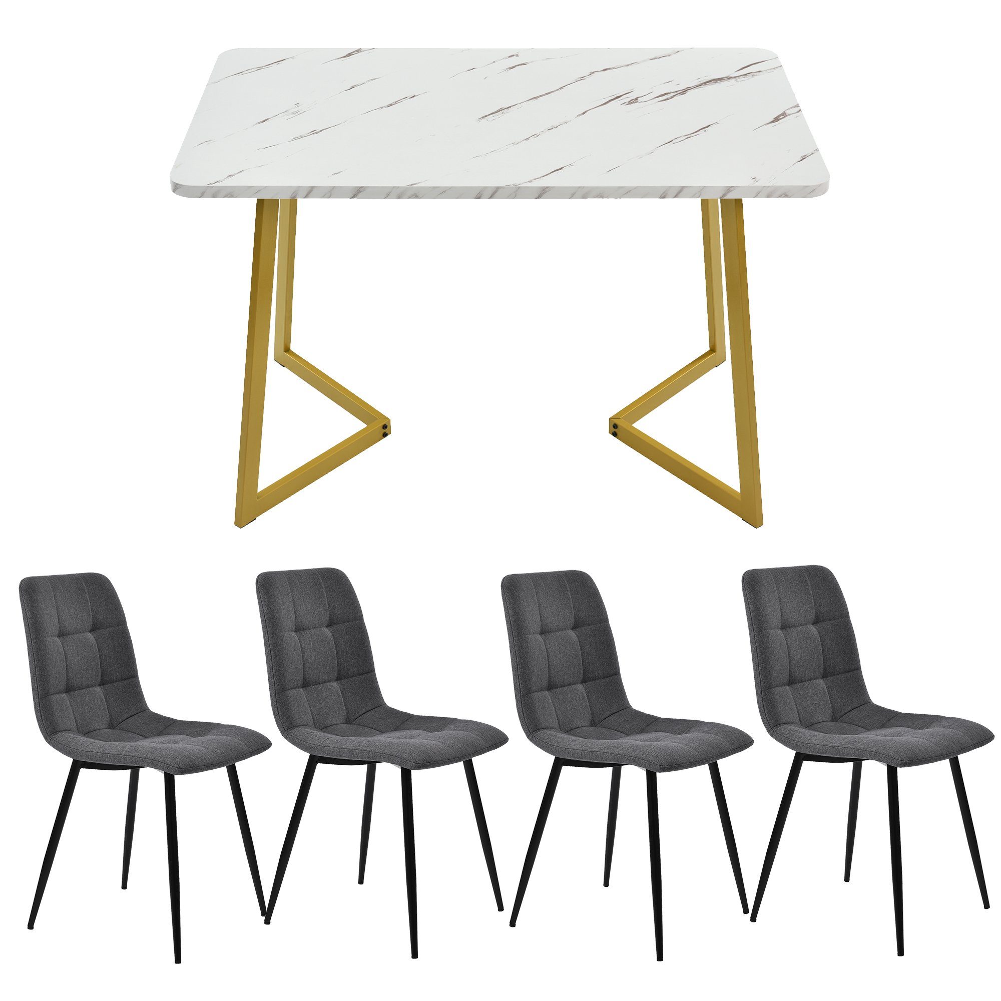 WISHDOR Essgruppe, (Sitzfläche Tisch Leinen und Stühle Metall, Gestell aus aus Tisch und Ein vier Ein Stühle), 5-tlg., vier