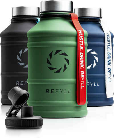 REFYLL Trinkflasche Edelstahl Trinkflasche Hero 1,3L und 2,2L, Auslaufsicher, robust, Fitness Trinkflasche für Sport, Gym, Water Jug auslaufsicher