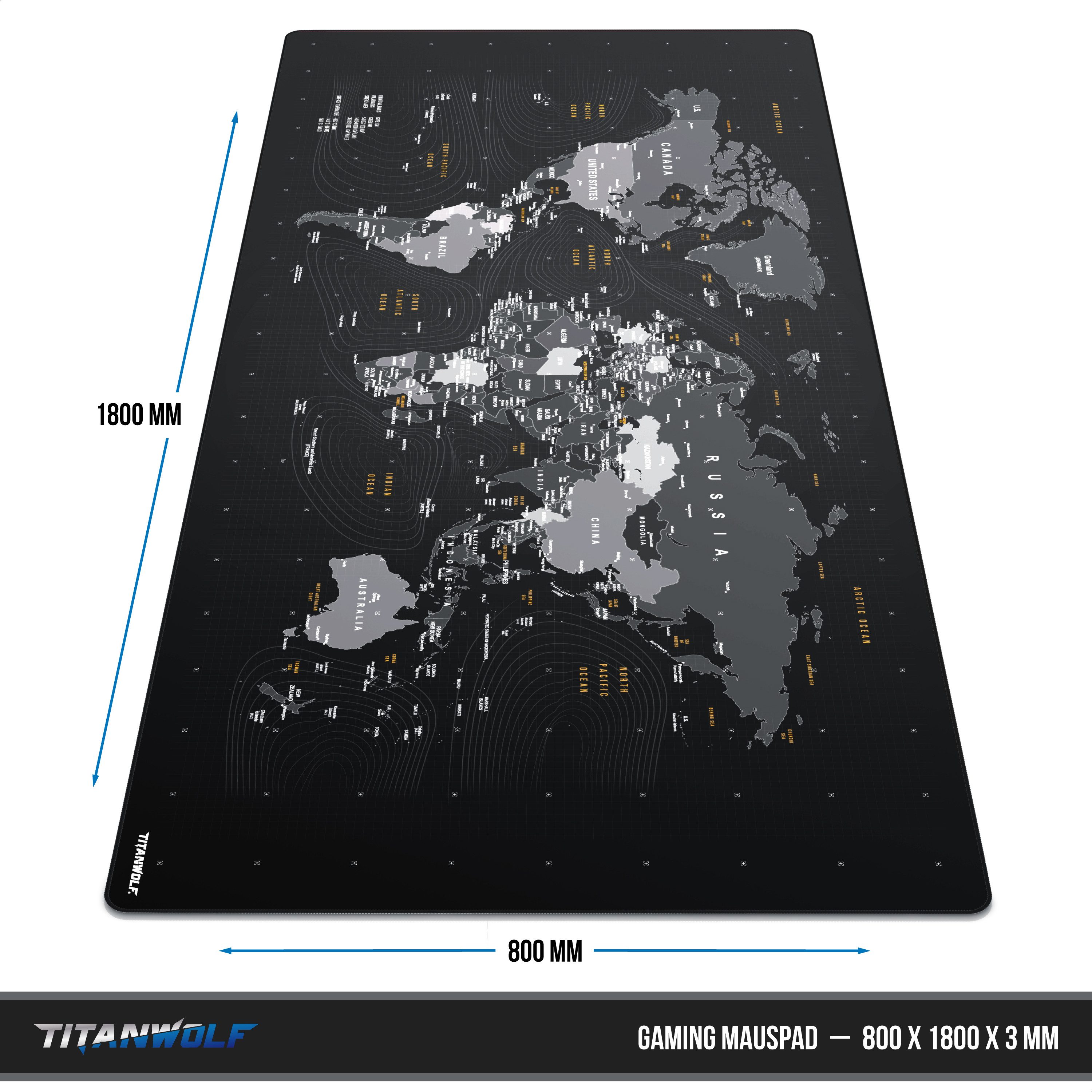 Titanwolf Gaming Mauspad XXXL Speed Mousepad 1800 x 800 x 3 mm, große Tischunterlage, rutschfest, abwaschbar, Geschwindigkeit & Präzision, Weltkarte