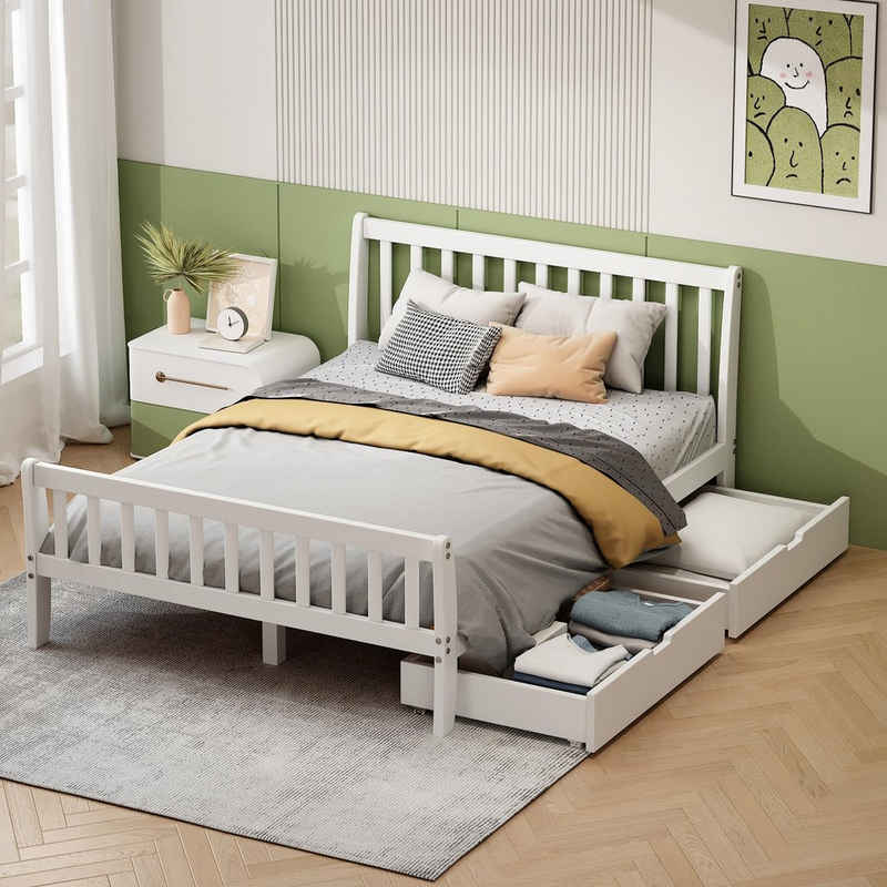 Fangqi Holzbett Modernes Einzelbett mit 2 Schubkästen 90/140 x 200 cm (Praktisches Jugendzimmer Bett aus weißem Massivholz), 25cm hohe Füße, geeignet für Jungen und Mädchen