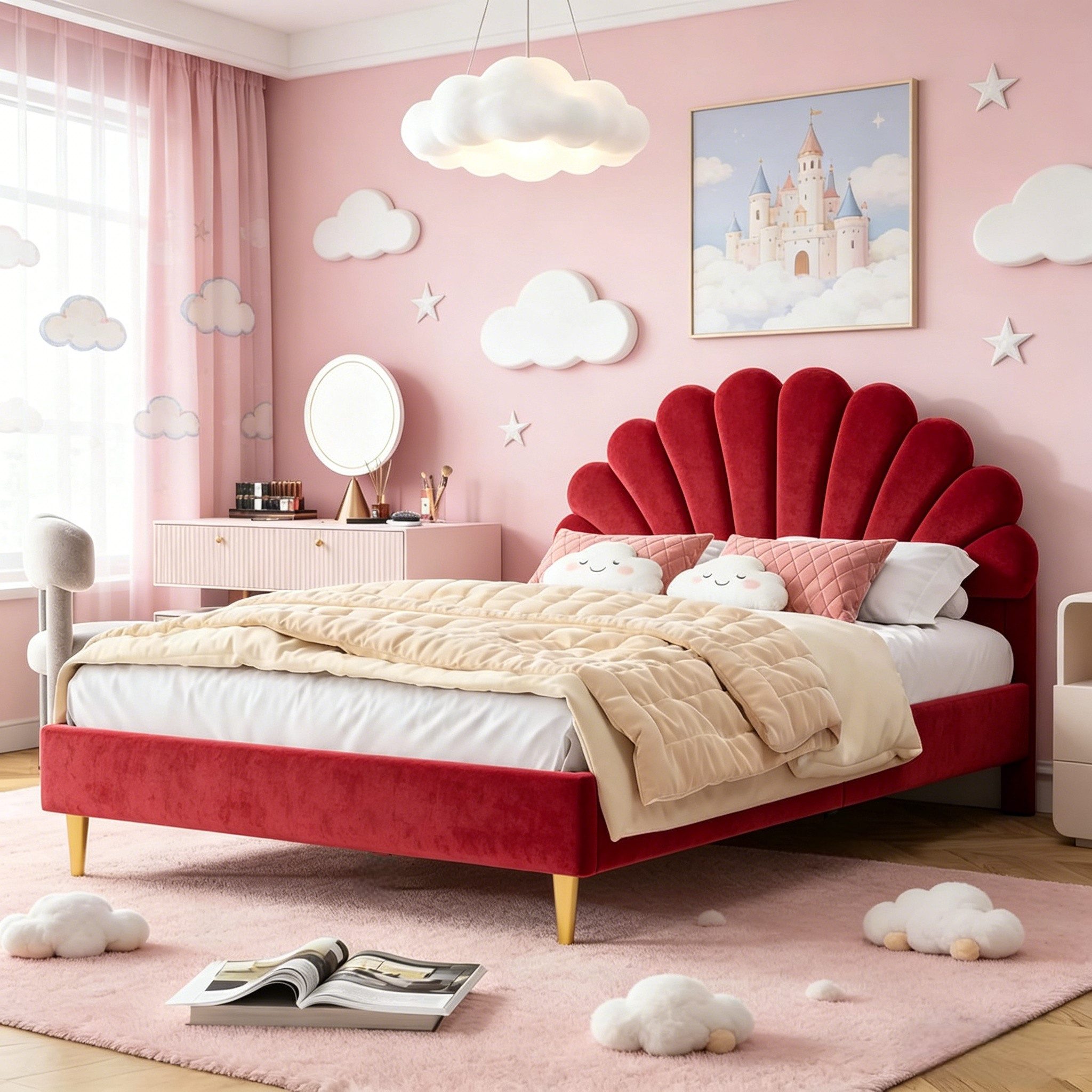 PXloue Polsterbett Doppelbett Jugendbett 140x200cm, mit Muschel-Kopfteil,Einzigartiges Design für Stil und Komfort