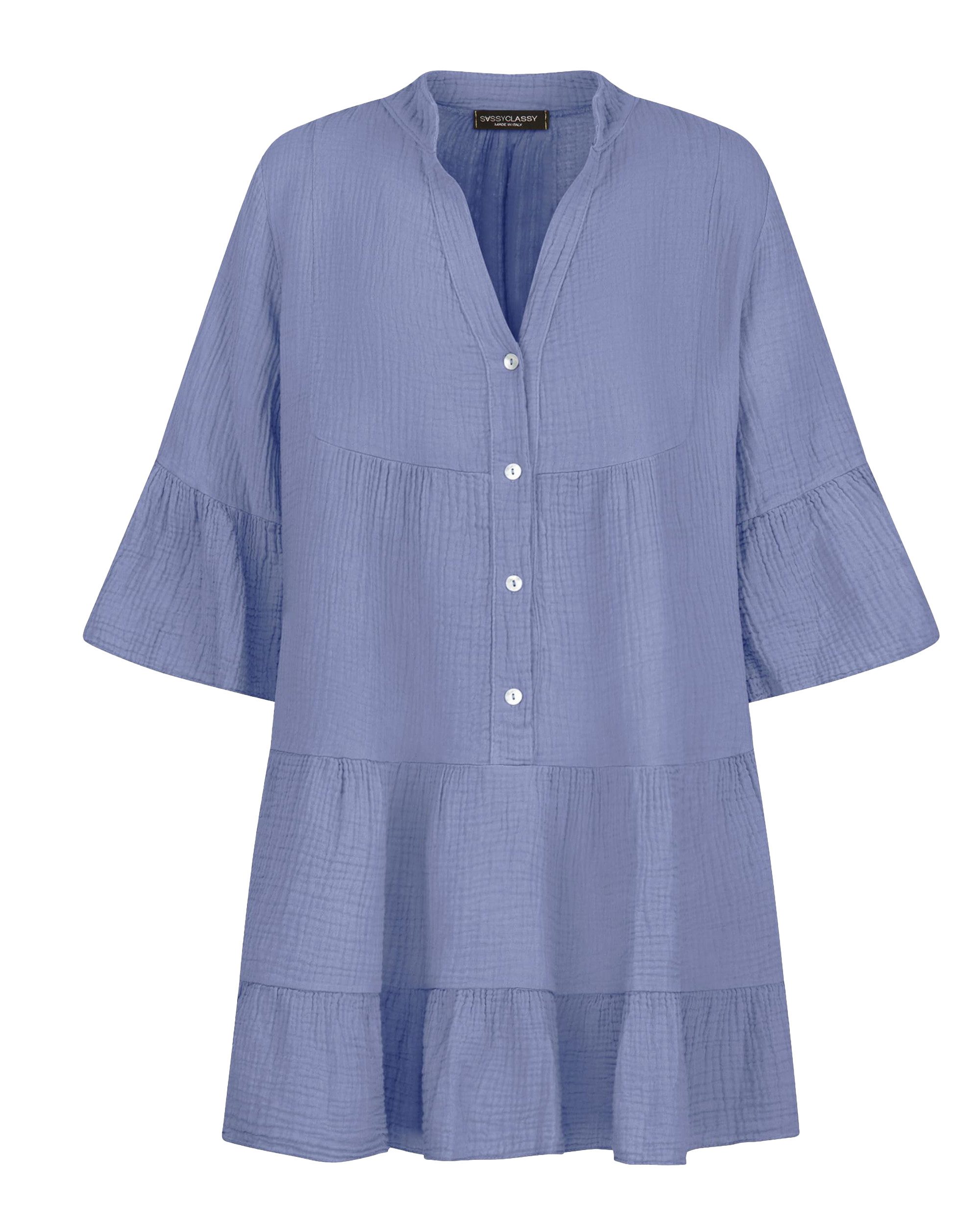 SASSYCLASSY Minikleid Musselin Sommer Kleid 3/4 Ärmel und Volants, 100 % Baumwolle, Made in Italy
