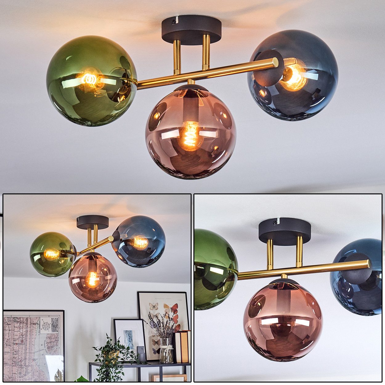 hofstein Deckenleuchte Deckenlampe aus Metall/Glas in Schwarz/Gold/Blau/Grün/Kupfer, moderne Deckenleuchte im Retro/Vintage-Design (Schirme 15 cm), 3xE14