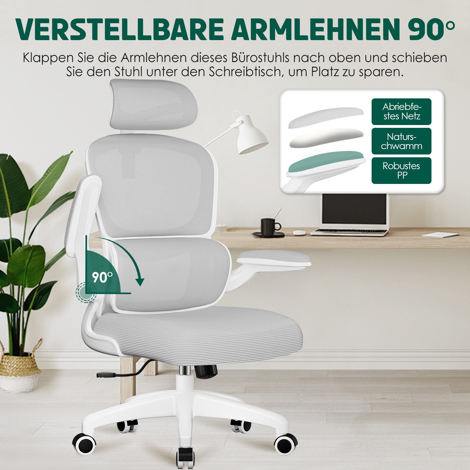 Fukstern Bürostuhl Ergonomischer Bürostuhl mit 90° klappbaren Armlehnen (Verstellbare Kopfstütze, atmungsaktiver Mesh-Bezug, Rücken- und Taillenstütze, Neigung  – Bild 5 von 5