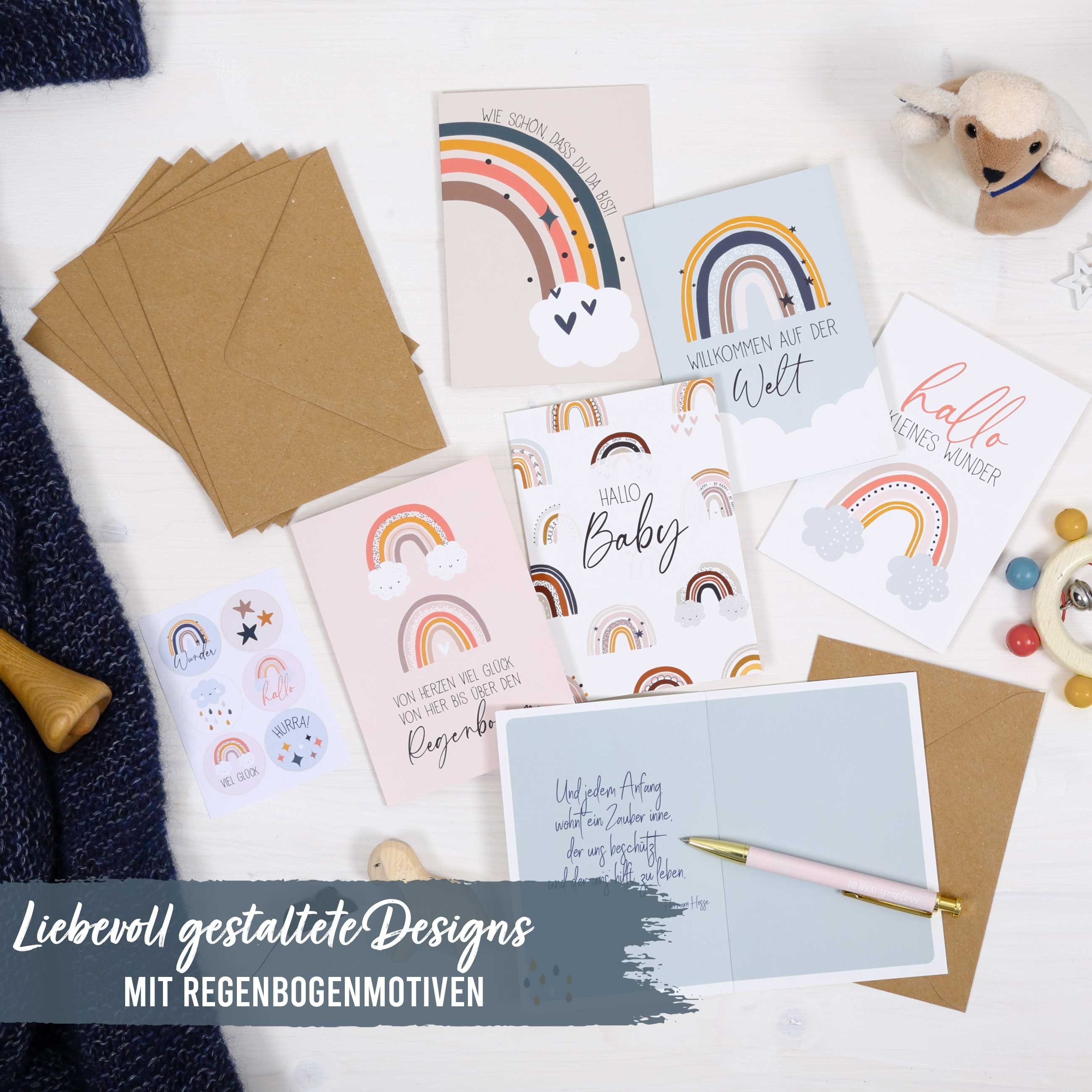 PAPIERDRACHEN Klappkarte 6 Glückwunschkarten zur Geburt - Baby Klappkarten mit Umschlag