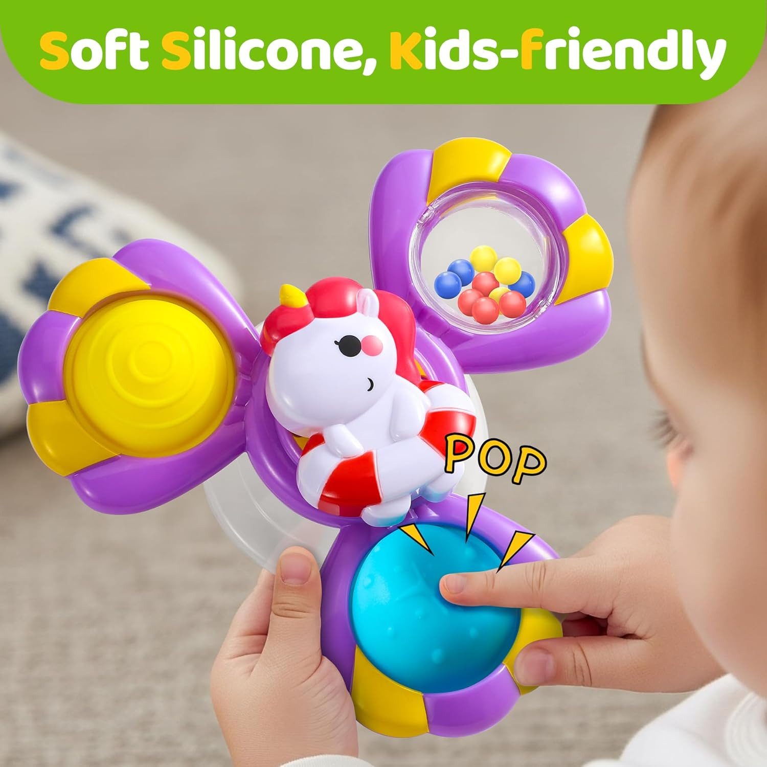 POPOLIC Badespielzeug Saugnapf Spielzeug Baby - Einhorn Spinner Baby ab 3 Monat (3-tlg), Badewannenspielzeug mit Rotierende Glocke Sensorik