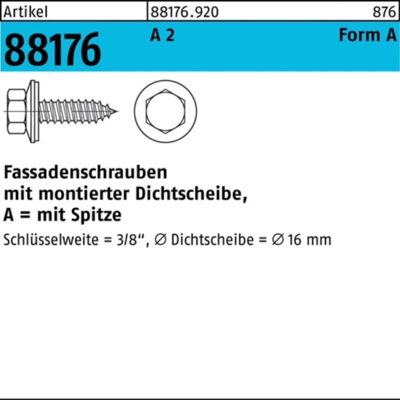 A Dichtscheibe/Spitze A 88176 Pack 2 Fassadenschraube Reyher Fassadenschraube 500er 19 R 6,5x