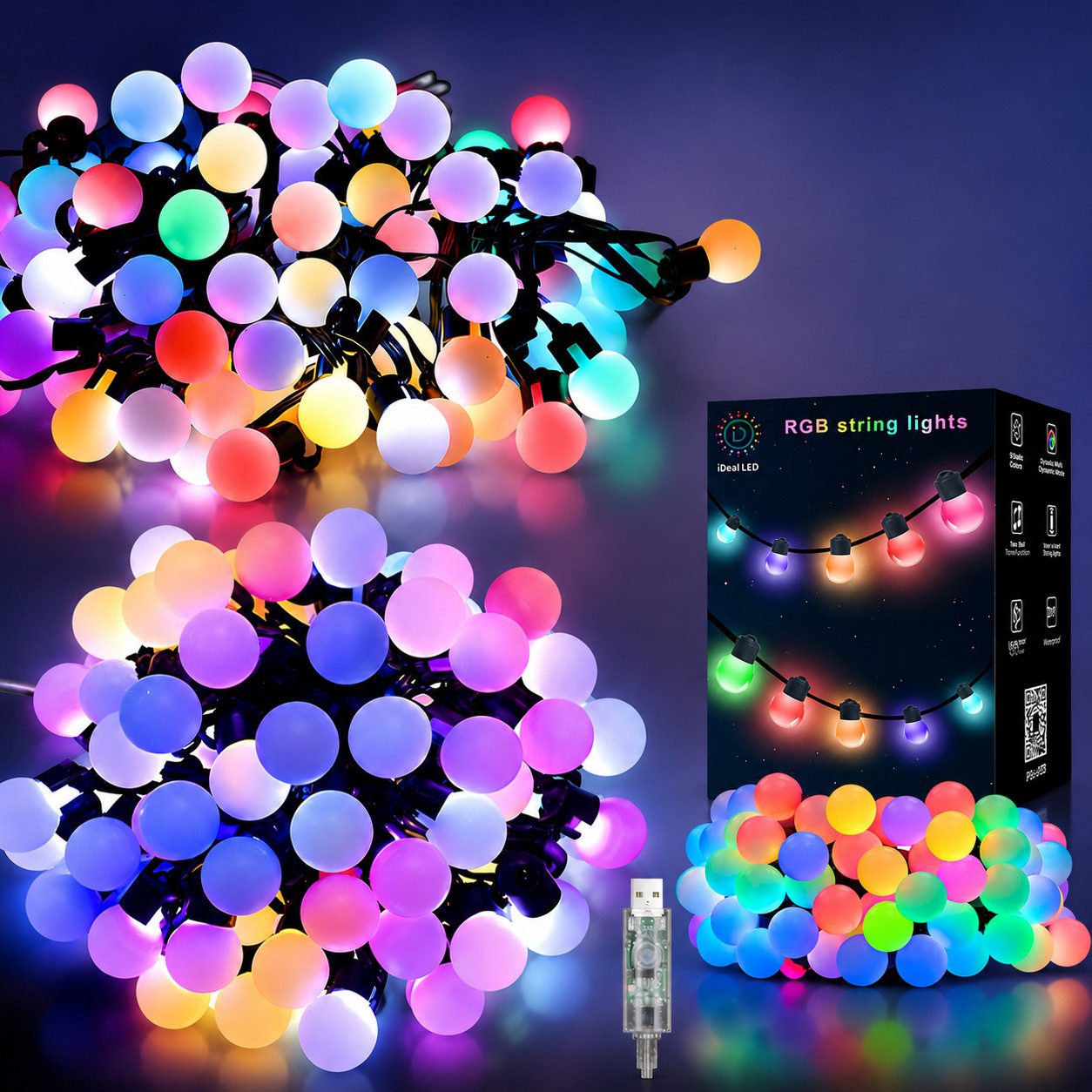 PRIISF LED-Lichterkette LED Lichterkette mit 25/50 Kugeln Beleuchtung RGB Bunt Garten Innen, mit Fernbedienung Bluetooth Smart APP Weihnachtsbäume Xmas Deko