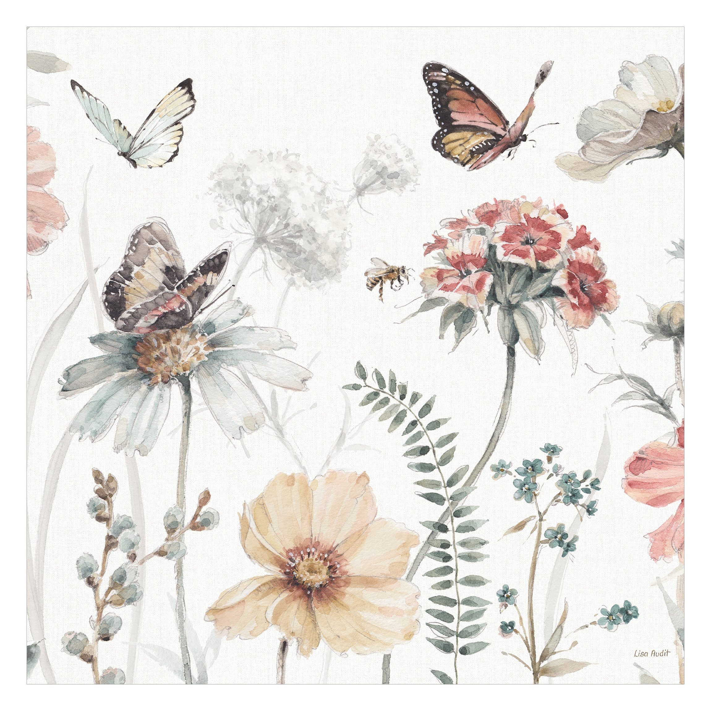 Bilderdepot24 Fototapete Blumenwiese Schmetterling Aquarell Floral Kunst Tiere rosa modern, Glatt, Matt, (Vliestapete inkl. Kleister oder selbstklebend), Wohnzimmer Schlafzimmer Küche Flur Motivtapete Vliestapete Wandtapete