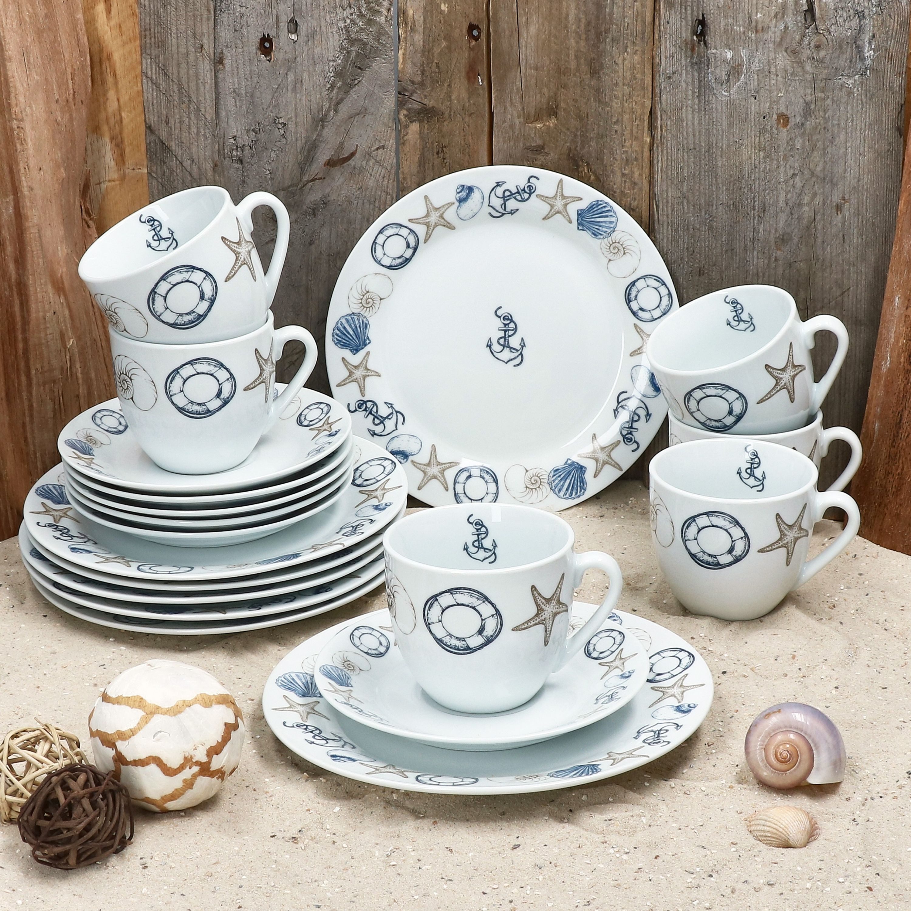 MamboCat Kaffeeservice Neptun 18tlg Kaffeeservice Porzellan 6Pers Tasse Teller Anker maritim, Porzellan