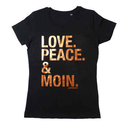 goldmarie T-Shirt LOVE PEACE MOIN schwarz mit kupfer aus reiner Baumwolle, mit Frontprint