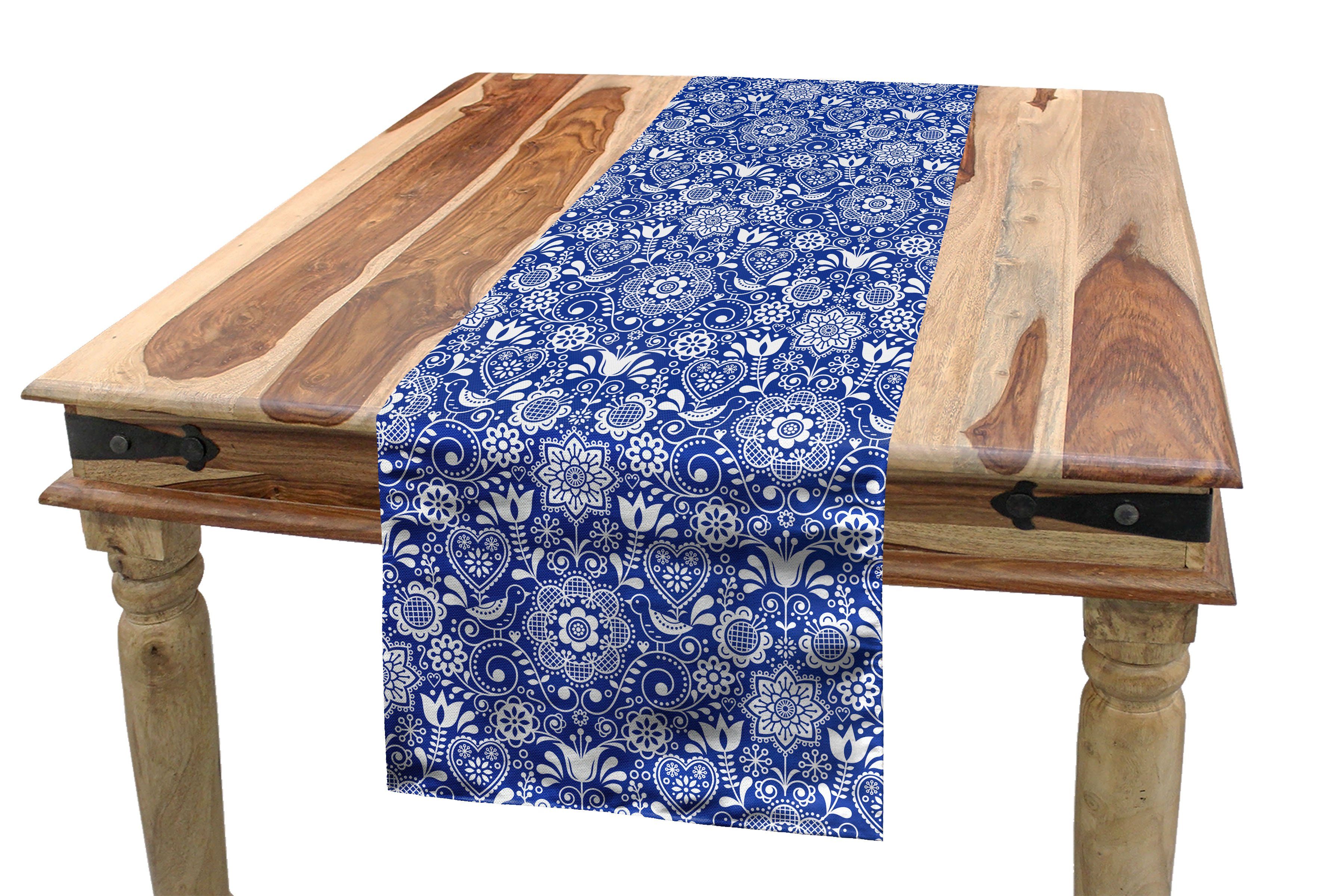 Abakuhaus Tischläufer Esszimmer Küche Rechteckiger Dekorativer Tischläufer, Navy blau Volkskunst Vögel Blumen