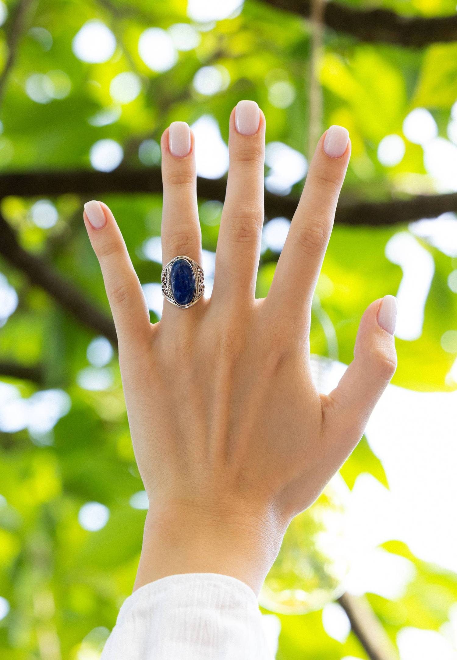 mantraroma Silberring DAHAB oval groß aus 925 Silber mit Lapis Lazuli (Ring mit Schmuckbeutel), Damenring aus 925er Silber – Bild 4 von 5