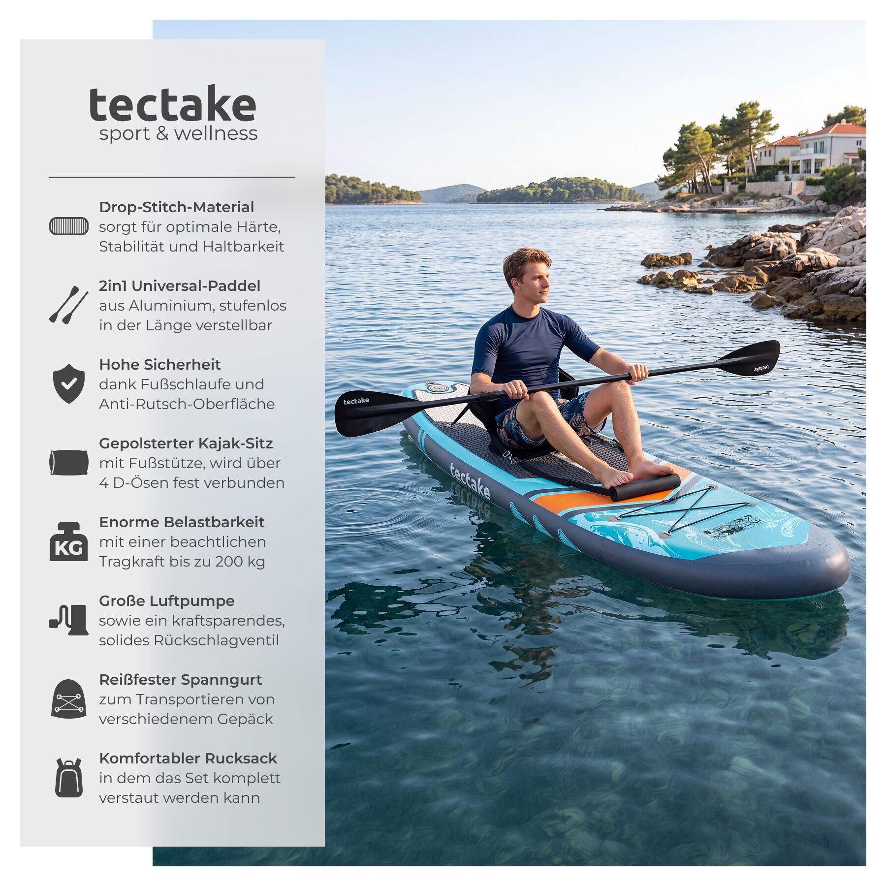 tectake SUP-Board Aufblasbares Paddle Board 288 cm, Drop-Stitch, Kajak-Sitz, Stand-up Paddle, (Sup Board Mit Sitz Palagios, in Türkis/orange), Inkl. verstellbares Doppelpaddel und rutschfestes EVA-Deck