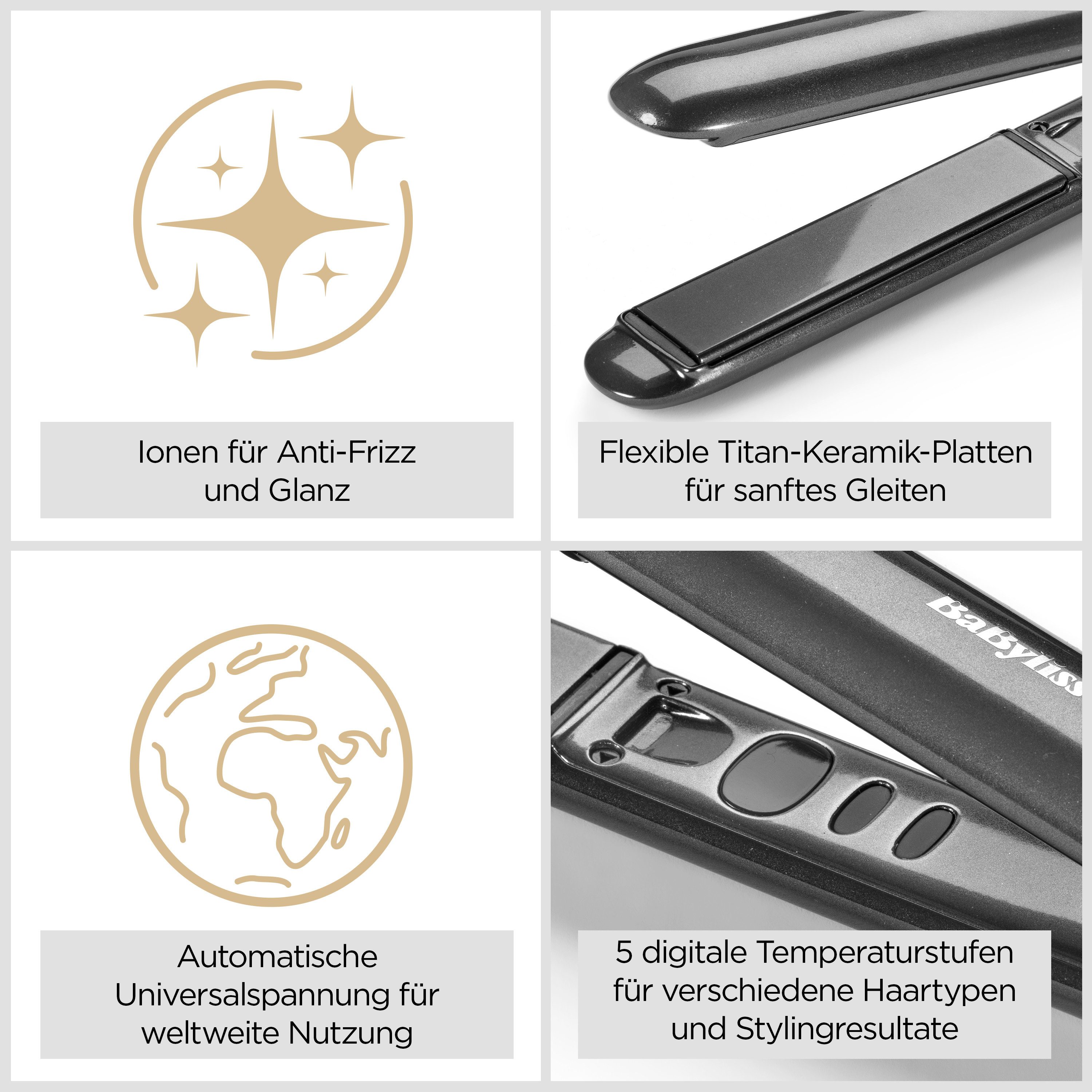 BaByliss Glätteisen Titanium Shine professionelles Glätteisen, ST620E Titan-Keramik, Haarglätter, Titan-Keramikplatten, Ionen-Technologie, 5 Temperaturen