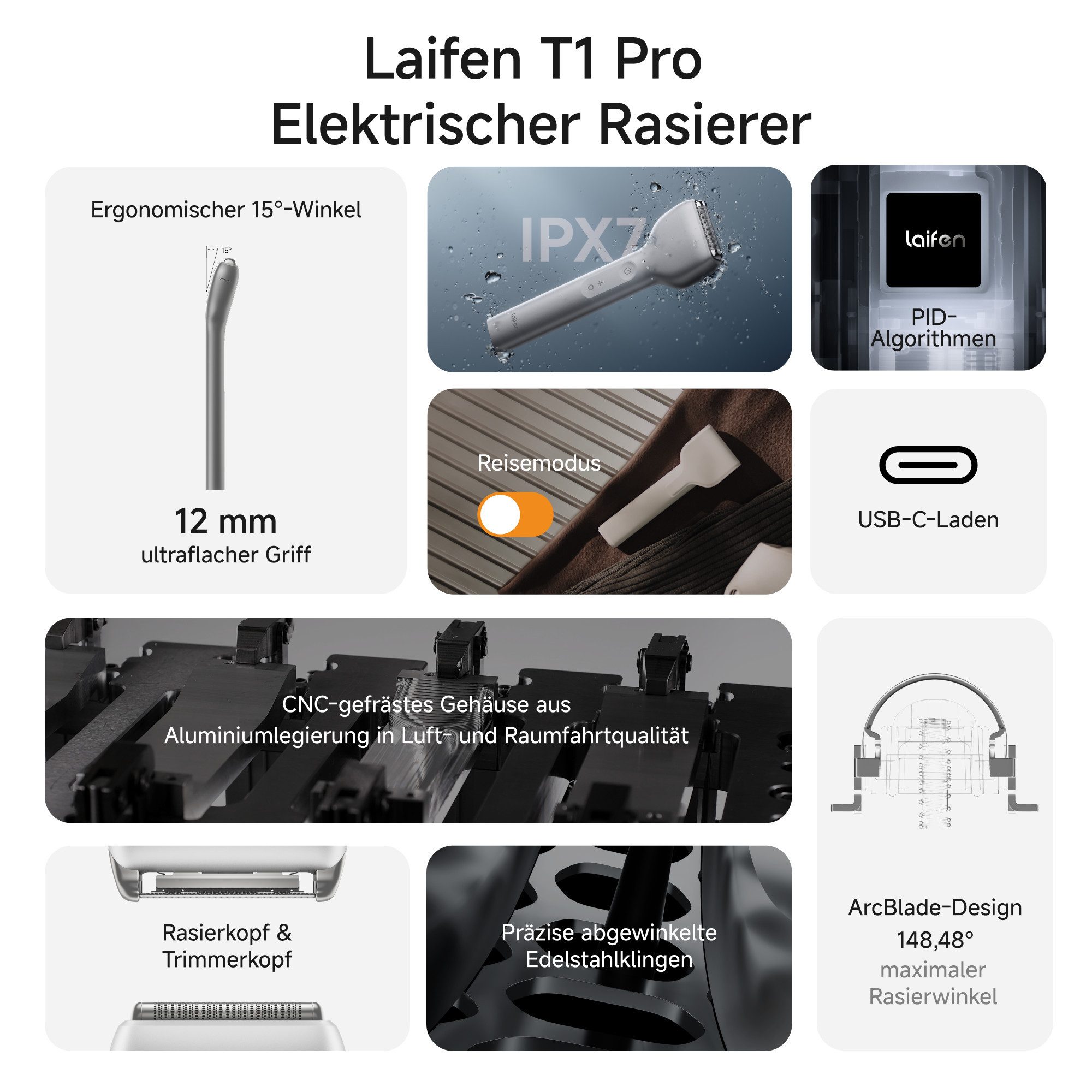 laifen Elektrorasierer LAIFEN T1 Pro Rasierer Original Aluminum, Aufsätze: 1