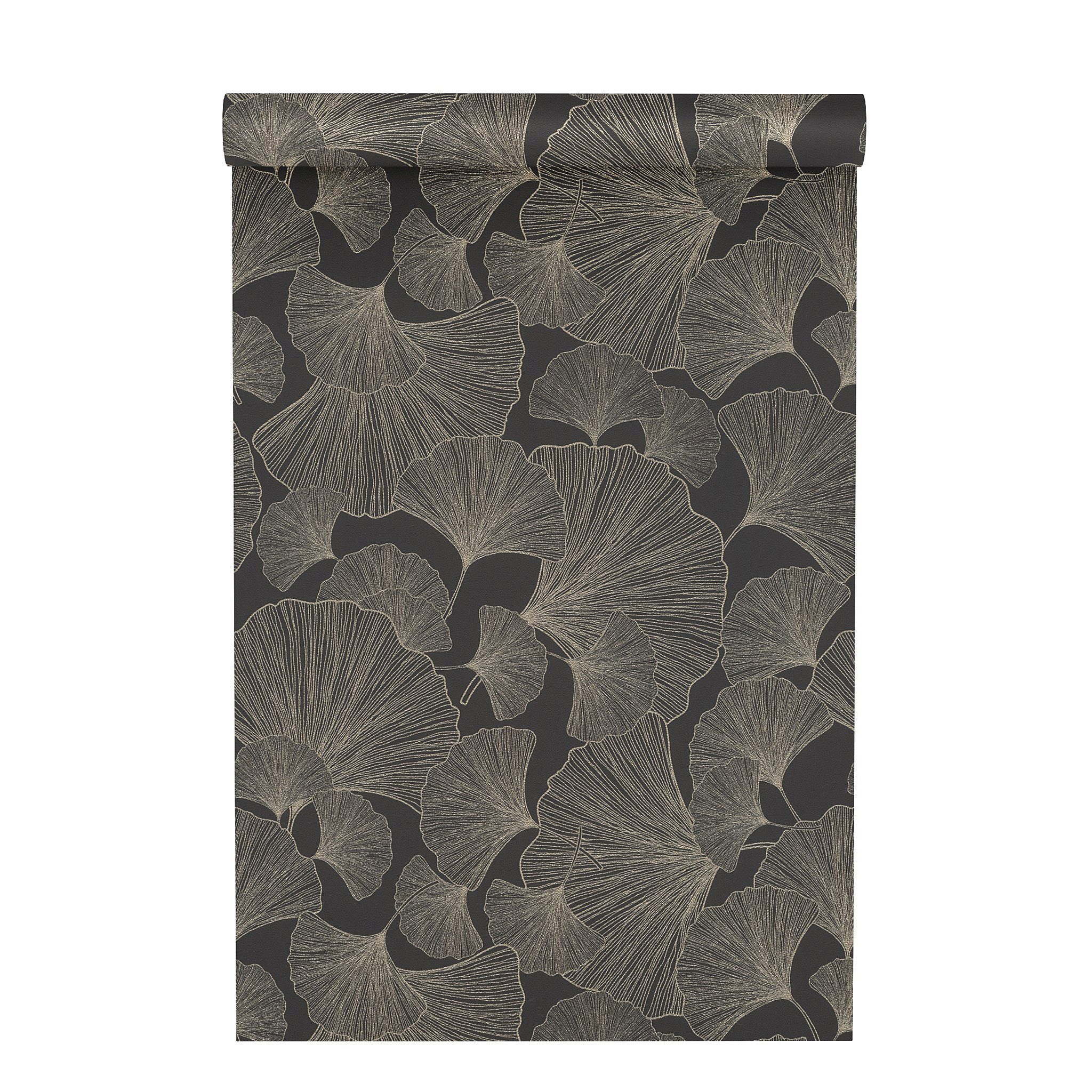 Rasch Vliestapete Ginkgo-Blätter - Vinyltapete Schwarz Gold, floral, (1 Rolle, 1 St., 10,05 m x 0,53 m), Lichtbeständige Farben - Feucht abwischbar - Restlost abziehbar