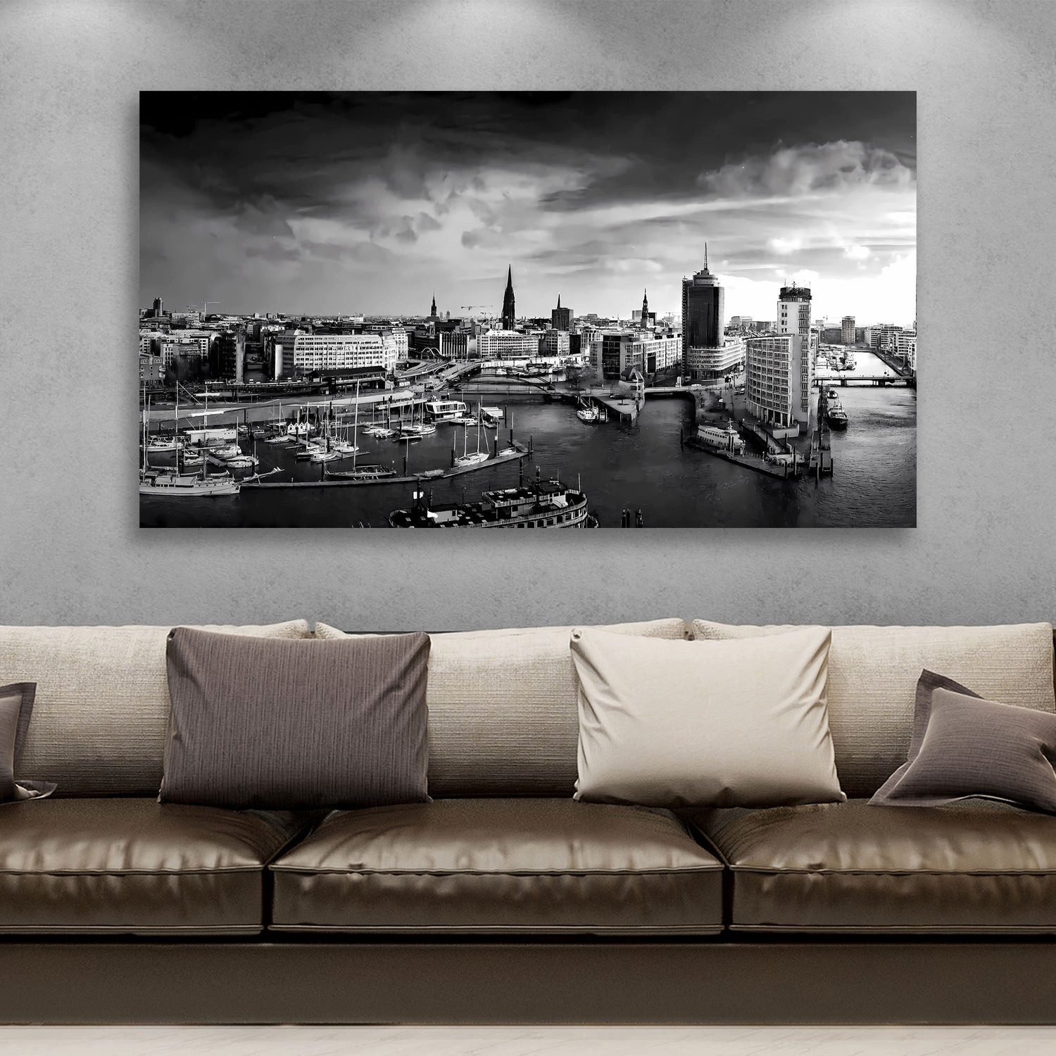 Artedinoi Leinwandbild Hamburg Skyline Hafen schwarz weiss Leinwandbild Wandbild Kunstdruck