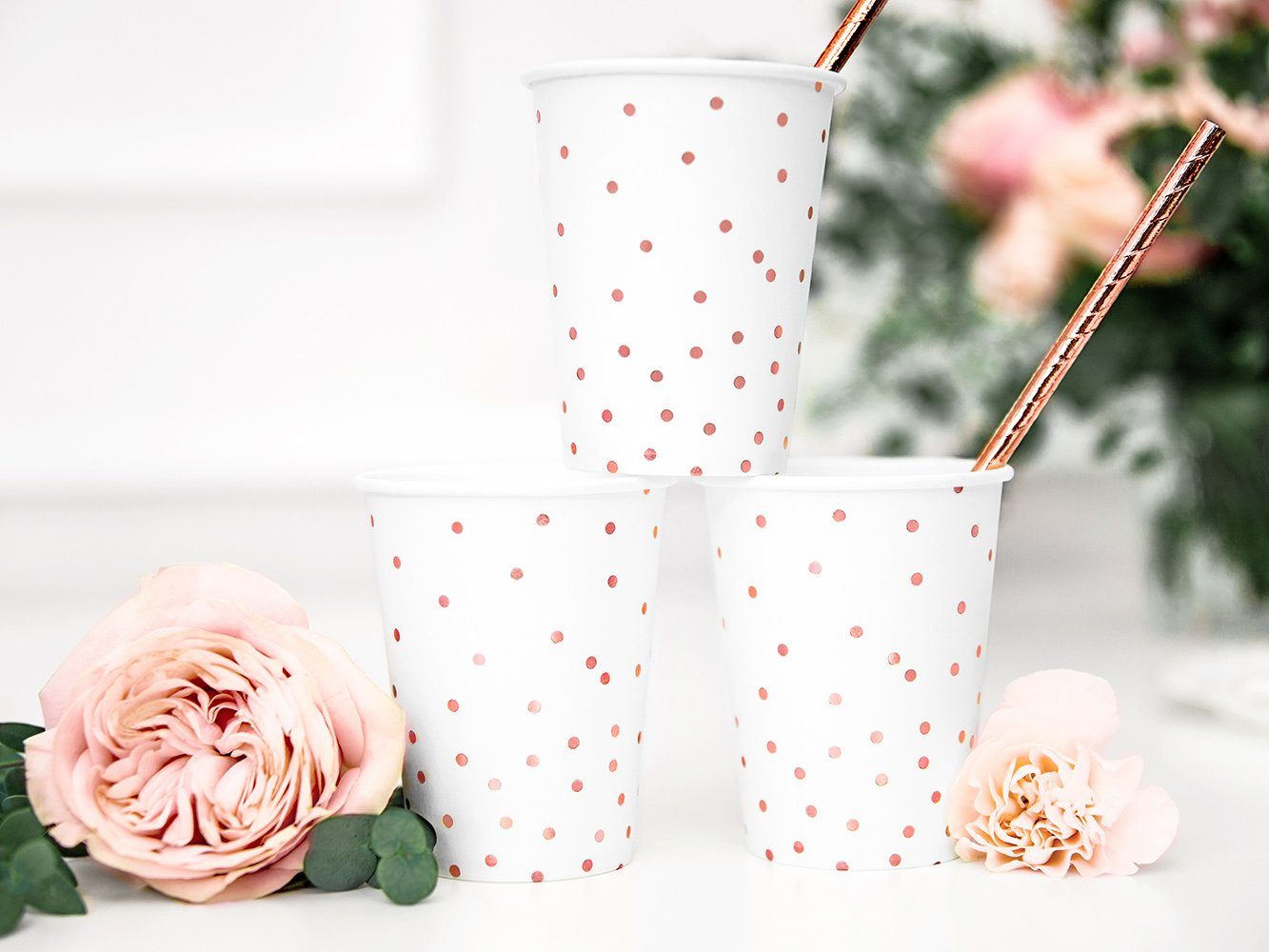 partydeco Einwegbecher, Papier, Pappbecher Punkte 260ml weiß roségold 6er Set