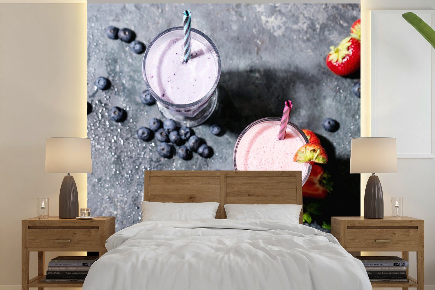 MuchoWow Fototapete Smoothie Schlafzimmer, Wandtapete Matt, für bedruckt, - Obst oder - Wohnzimmer Vinyl Beere (5 - Marmor, St), Erdbeere Tapete 