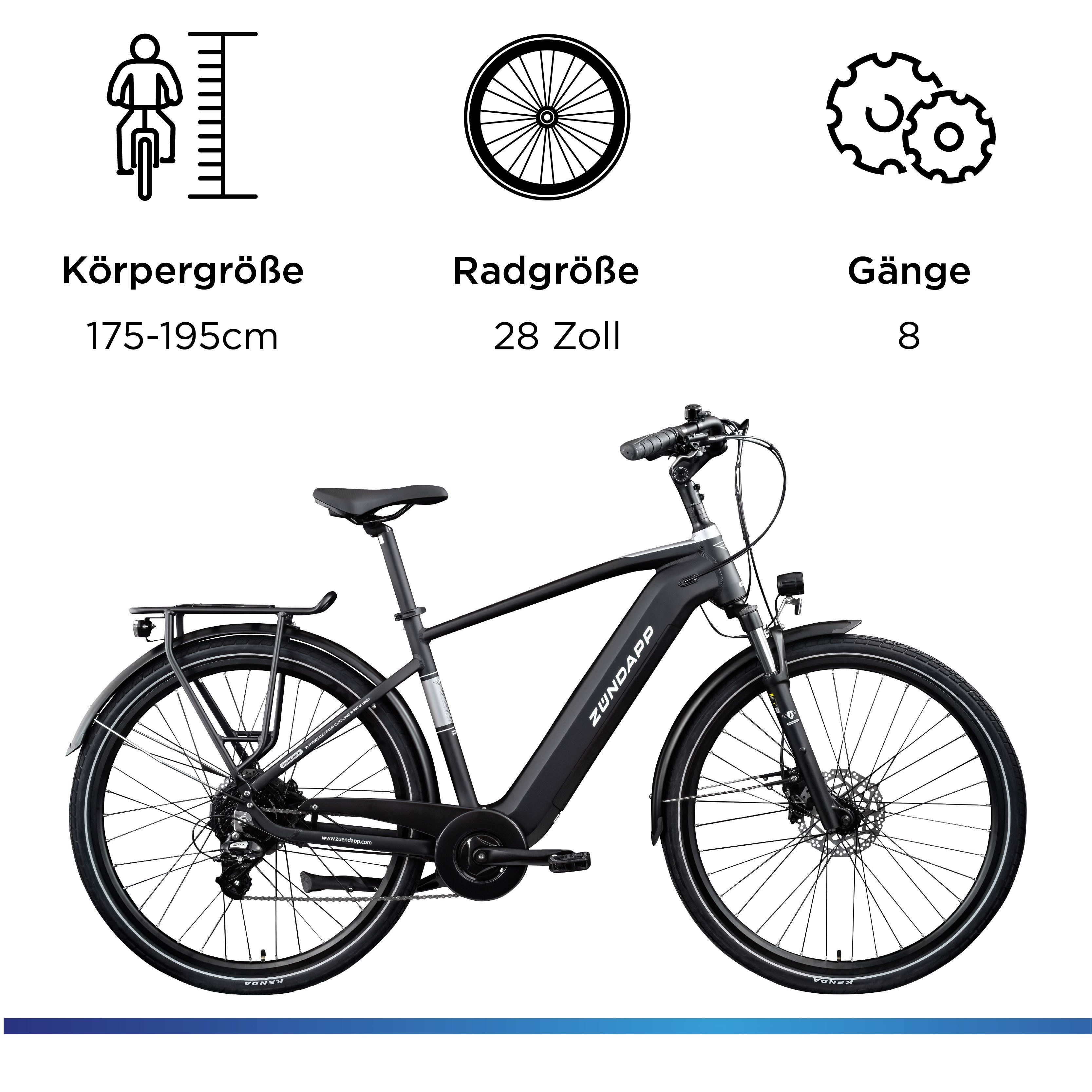 Zündapp E-Bike Trekkingrad Z810, 24 Gang Shimano Altus RD-M310 Schaltwerk, Kettenschaltung, Heckmotor, 417,6 Wh, Pedelec, Elektrofahrrad für Herren