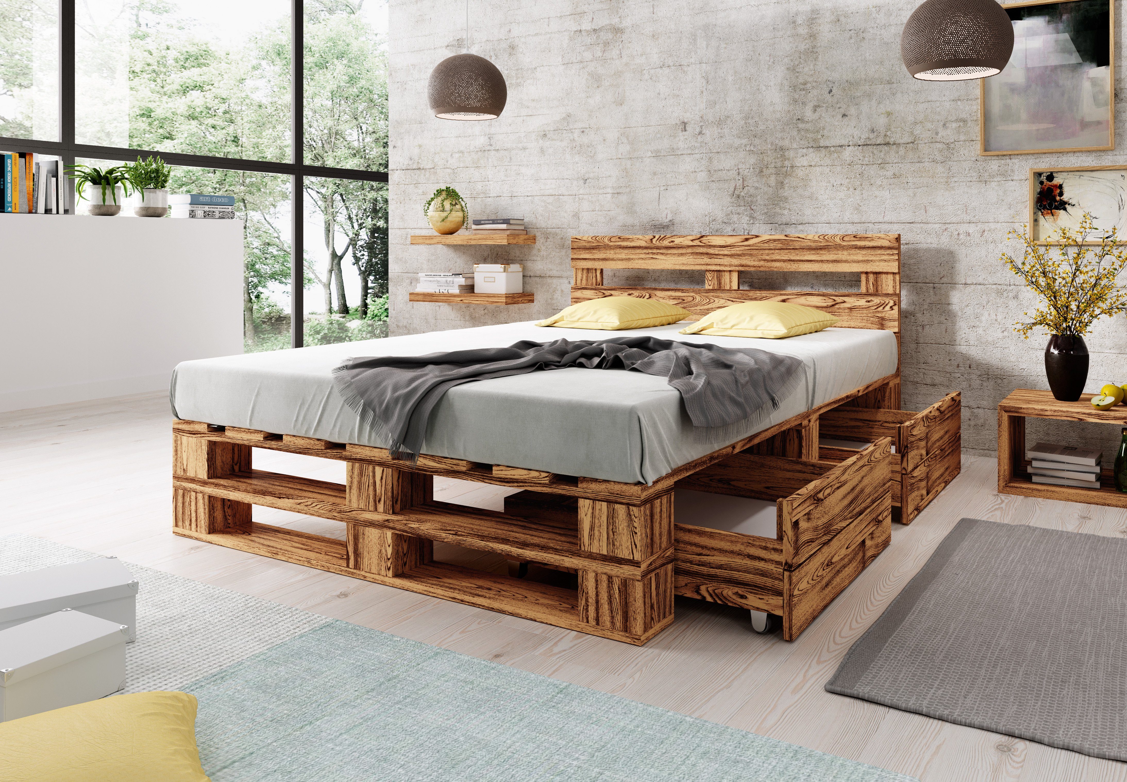 sunnypillow Palettenbett Kopfteil 2 Bettkästen, mit Holz M2 Geflammt aus 2 und Bettschubladen x