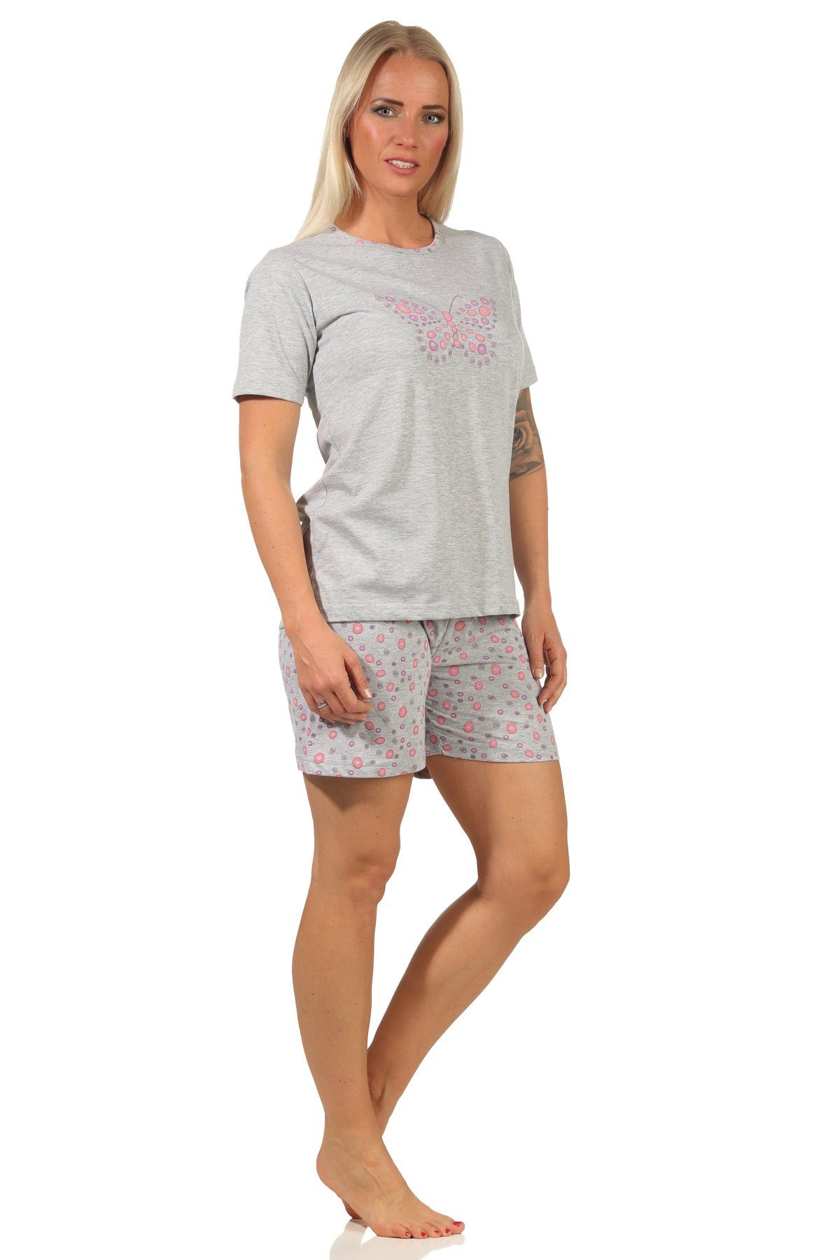 RELAX by Normann Shorty Damen Schmetterling-Motiv kurzarm pink Pyjama Schlafanzug, Pyjama mit