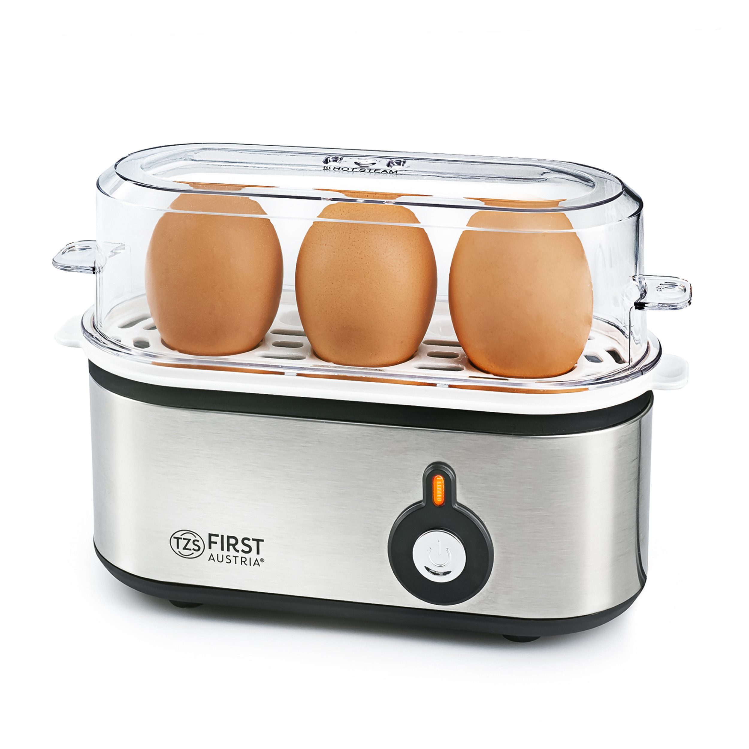 TZS FIRST AUSTRIA Eierkocher 210W, 3 Eier, mit Messbecher und Eierstecher, 0 W, Signalton, automatische Abschaltung, Messbecher mit Eierstecher