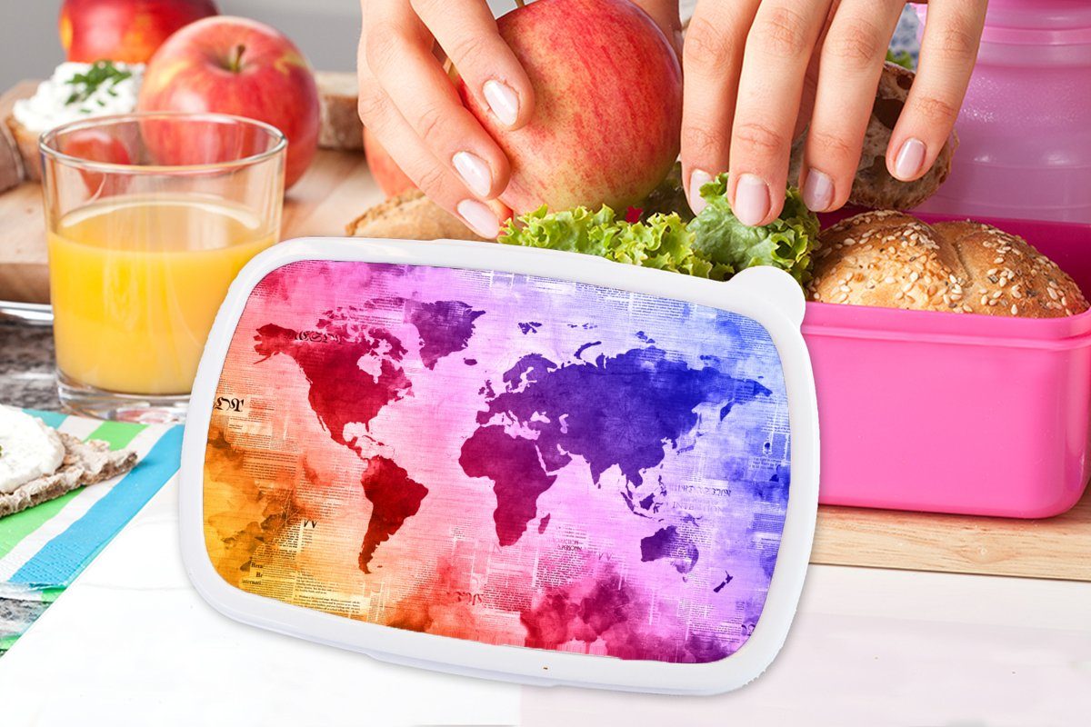 Brotdose Brotbox MuchoWow Kunststoff, - Kinder, Snackbox, Aquarell Regenbogen, Kunststoff rosa für (2-tlg), Lunchbox - Erwachsene, Weltkarte Mädchen,