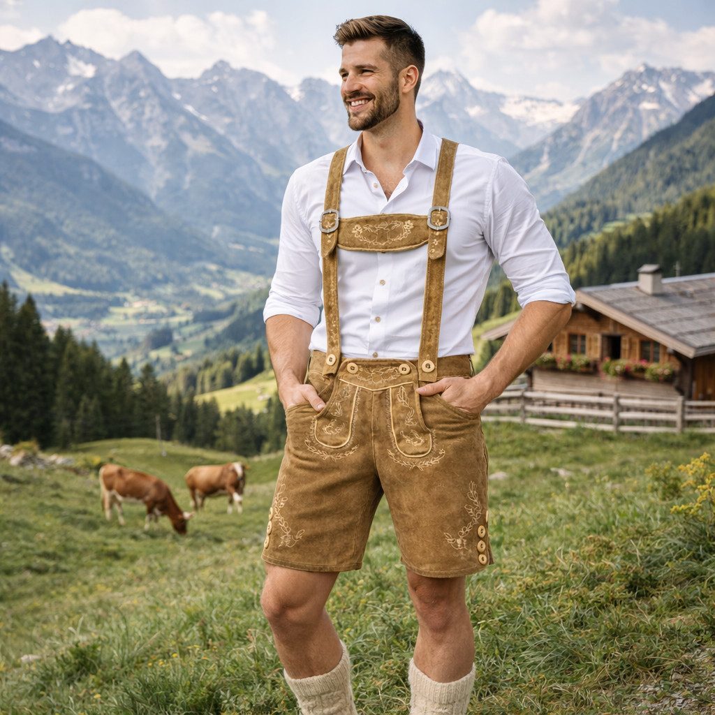 PAULGOS Trachtenhose Herren Lederhose Kurz mit Trägern 100% Echtleder - HK1