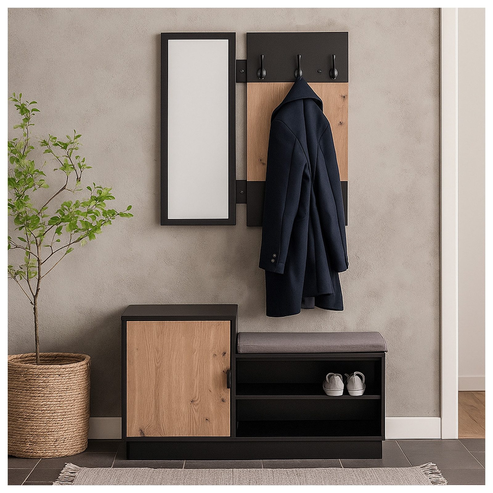 HTI-Living Garderobe Garderobenpaneel mit Spiegel und Schuhbank (Set, 2 St., 1 Garderobenpaneel mit Spiegel, 1 Schuhbank), Set Wandgarderobe und Schuhregal mit Sitzkissen