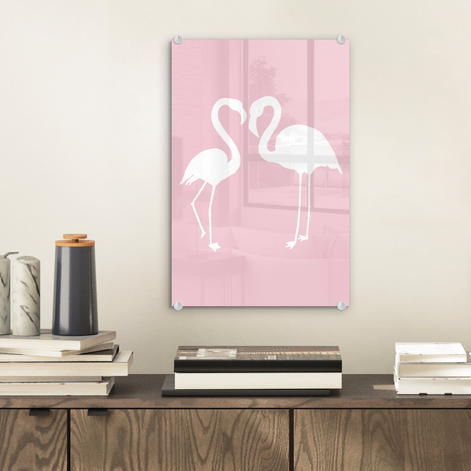 MuchoWow Acrylglasbild Rosa - Flamingo, - auf Glas Glas Herz Foto auf Wanddekoration Wandbild - (1 St), bunt - Bilder - Glasbilder